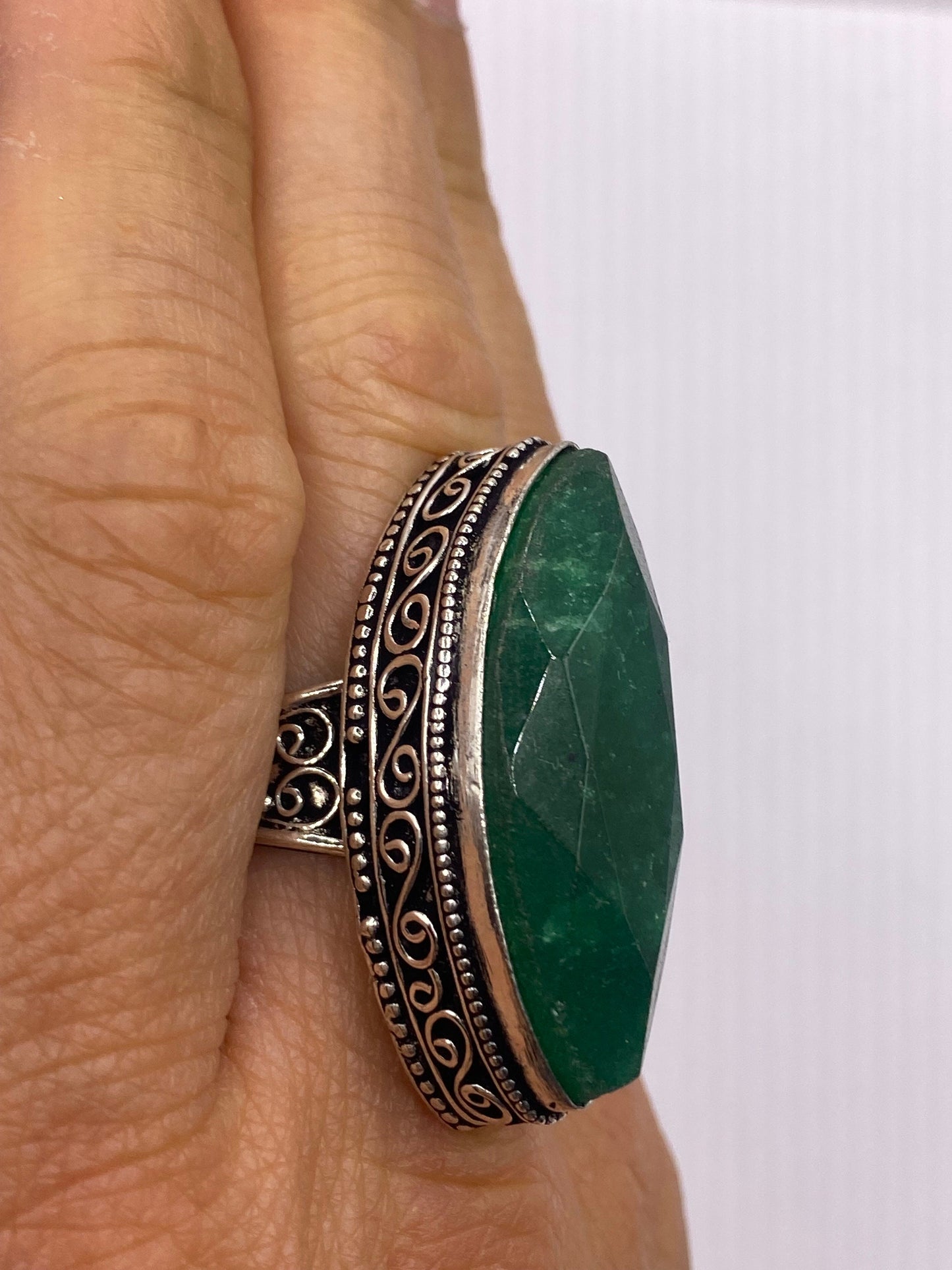 Vintage Green Raw Emerald Silver Bronze Statement Boho Ring