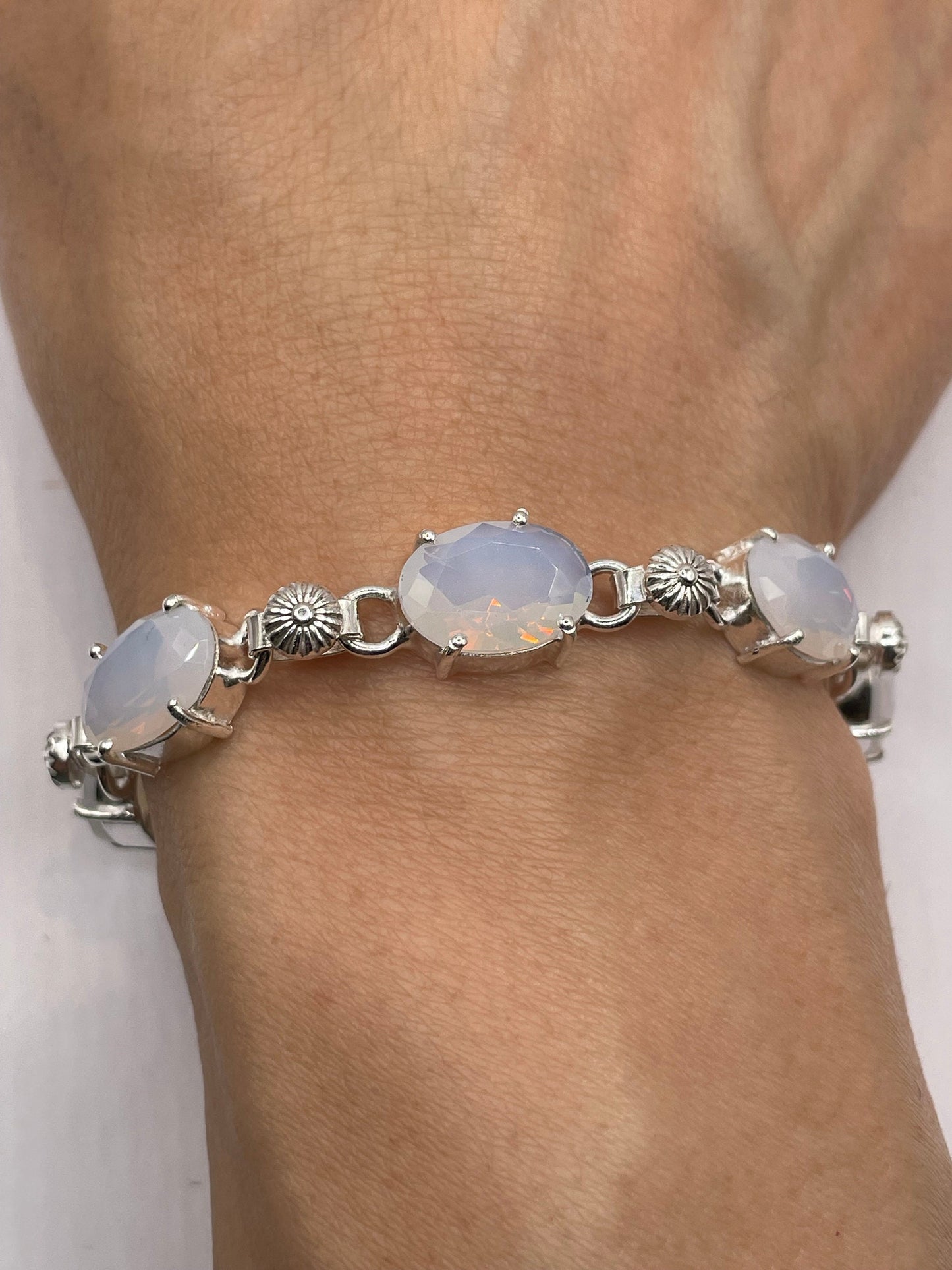 Vintage White Opal glass Silver Tennis Bracelet
