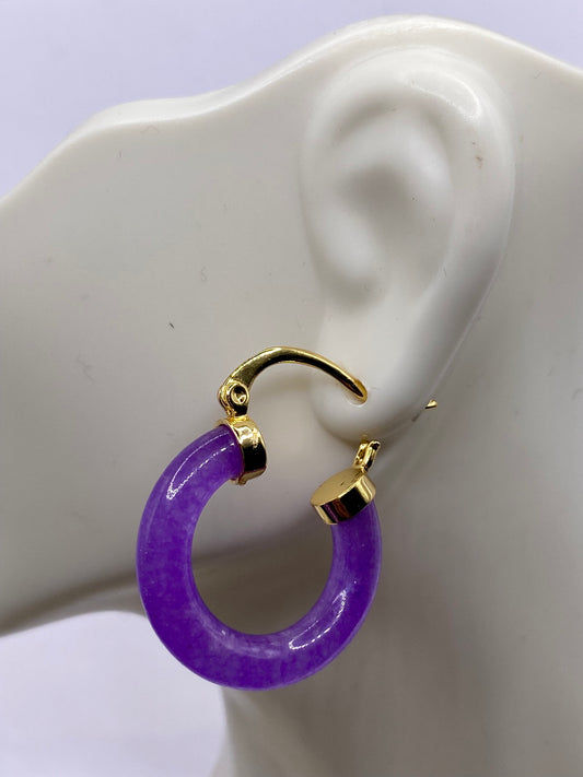 Vintage Purple Jade Hoop Earrings in Bronze