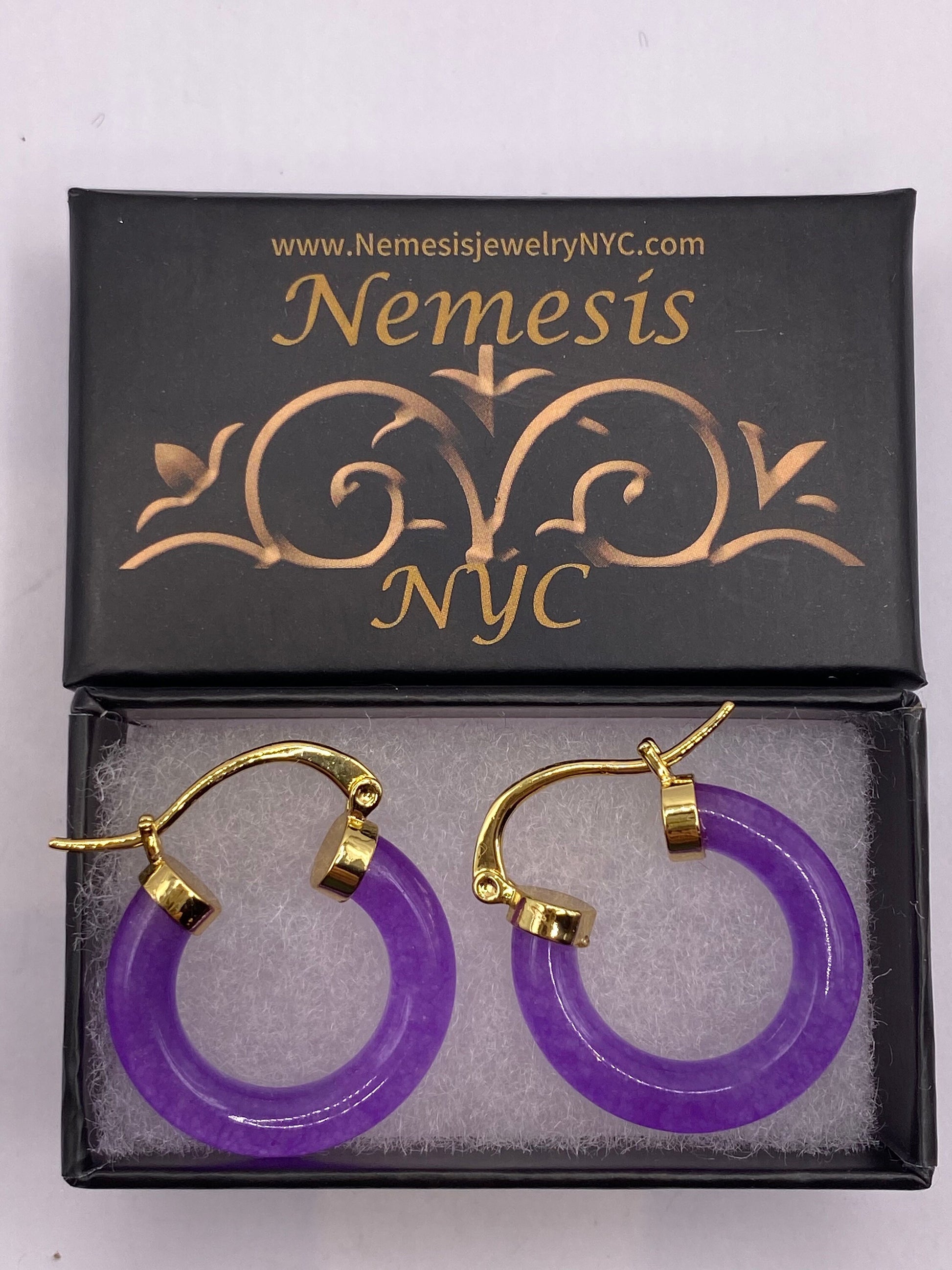 Vintage Purple Jade Hoop Earrings in Bronze