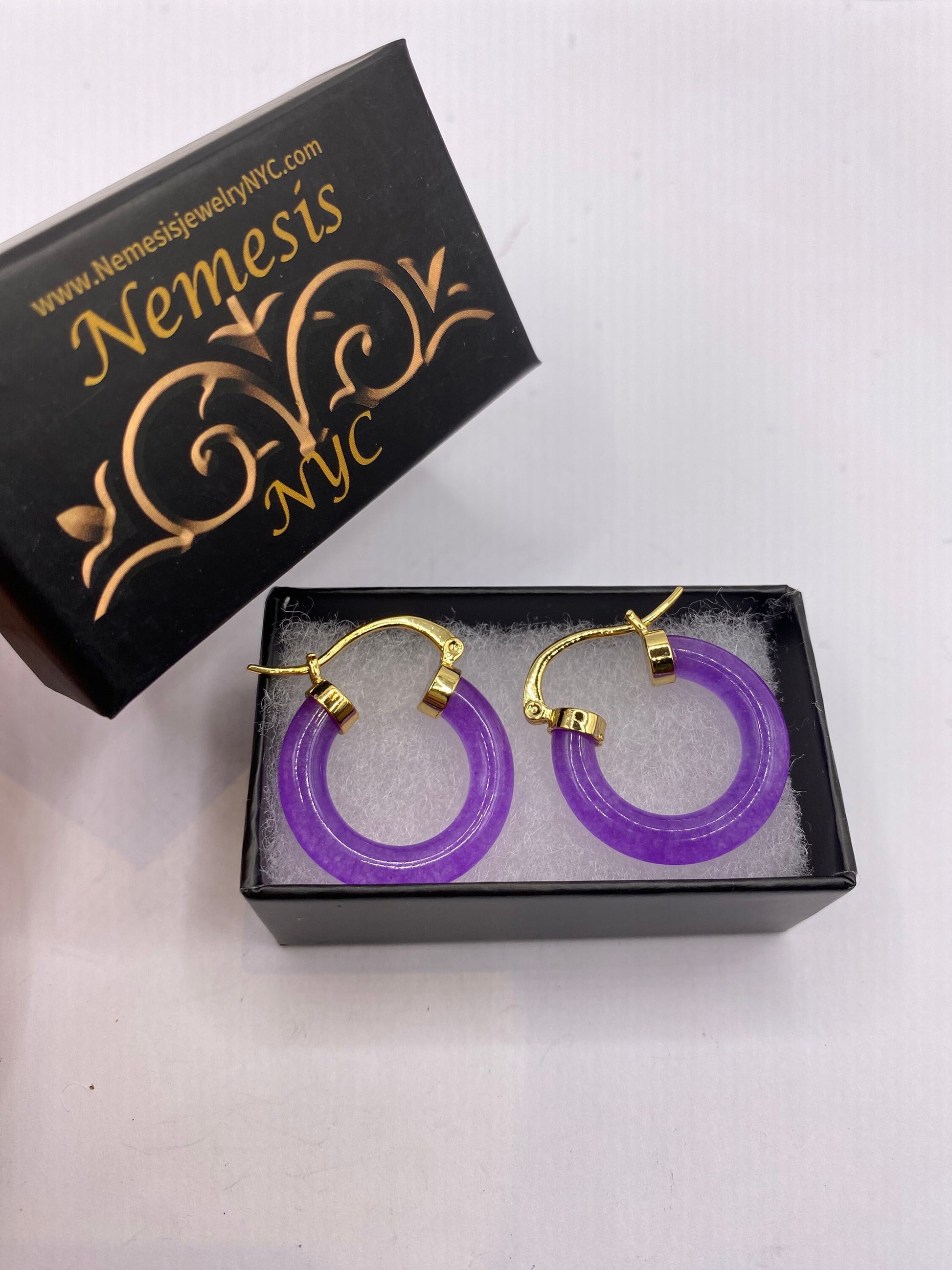 Vintage Purple Jade Hoop Earrings in Bronze