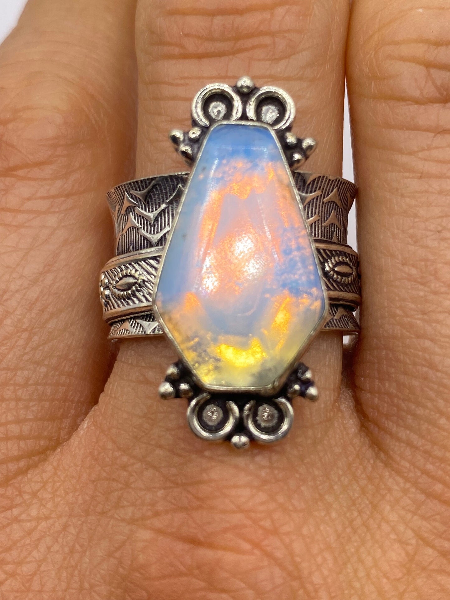 Vintage Blue White Opal Art Glass Ring Statement