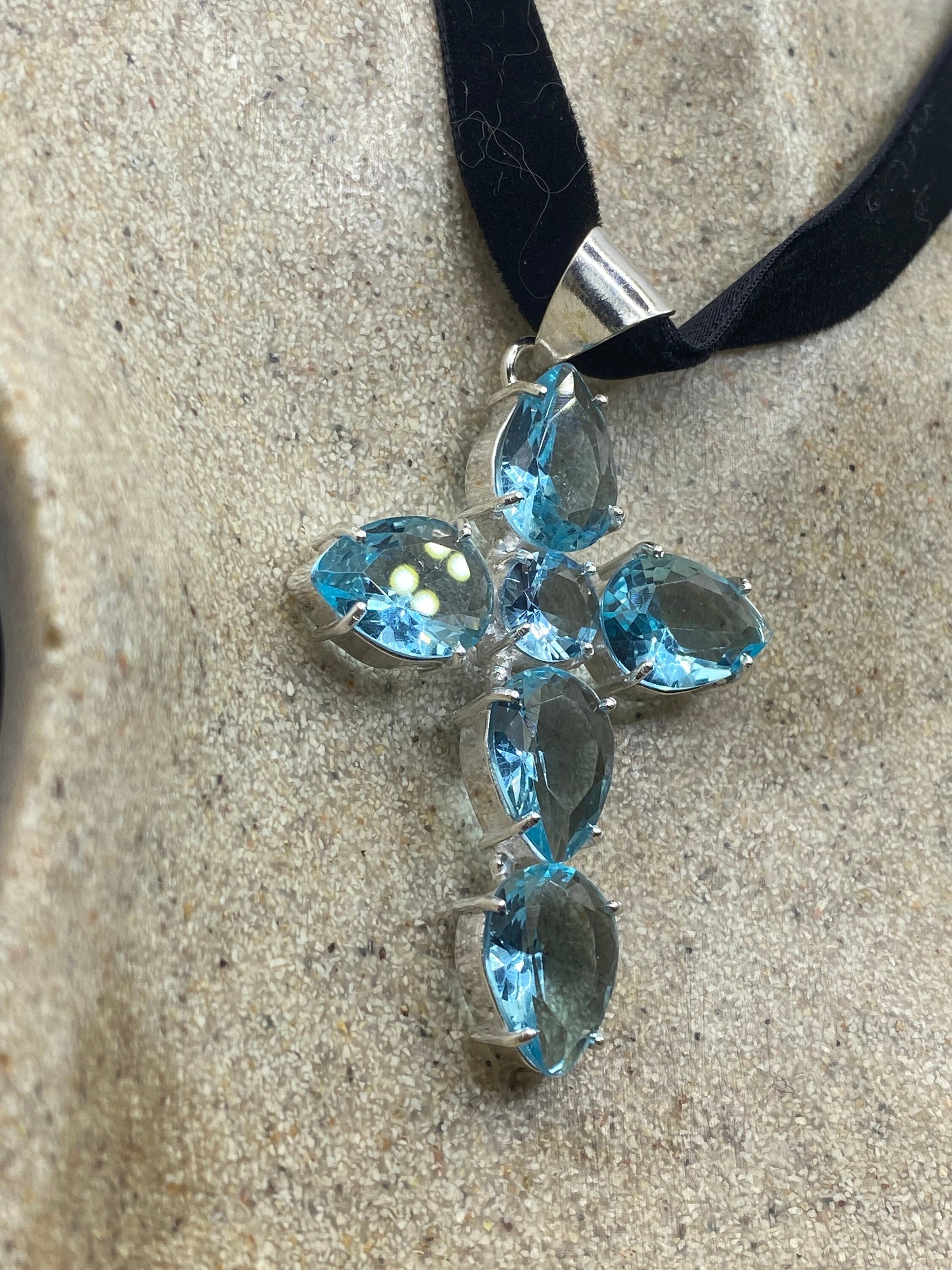 Vintage Aqua Blue Glass Cross Choker Necklace