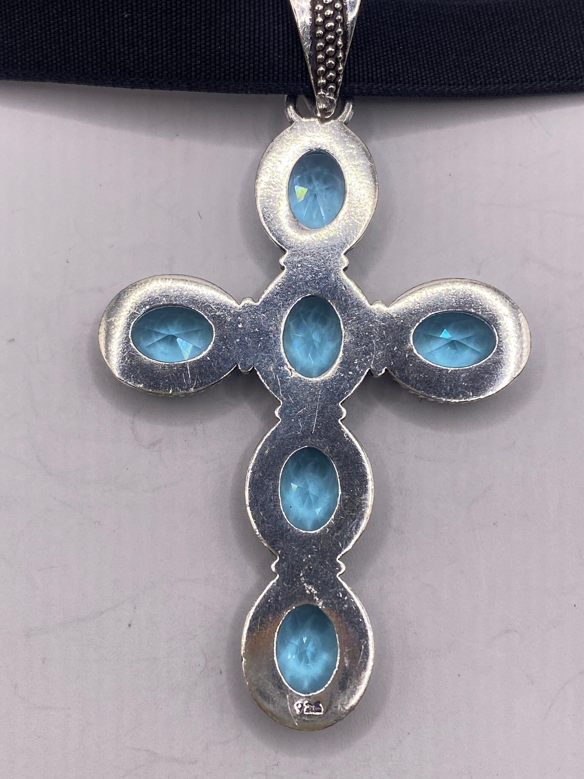 Vintage Aqua Blue Topaz Cross Choker Necklace