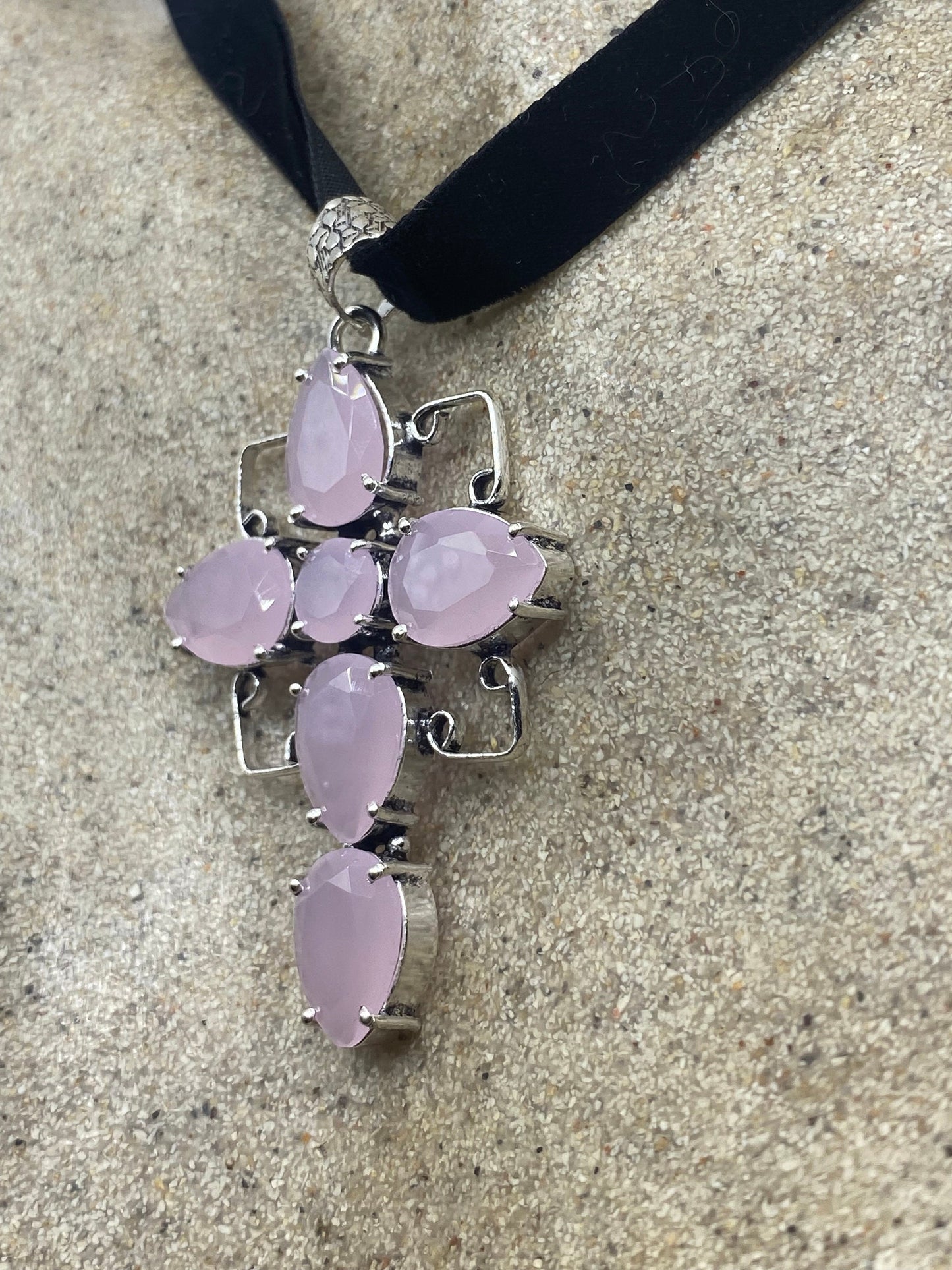 Vintage Handmade Silver Finish Rose Quartz Cross Choker Pendant