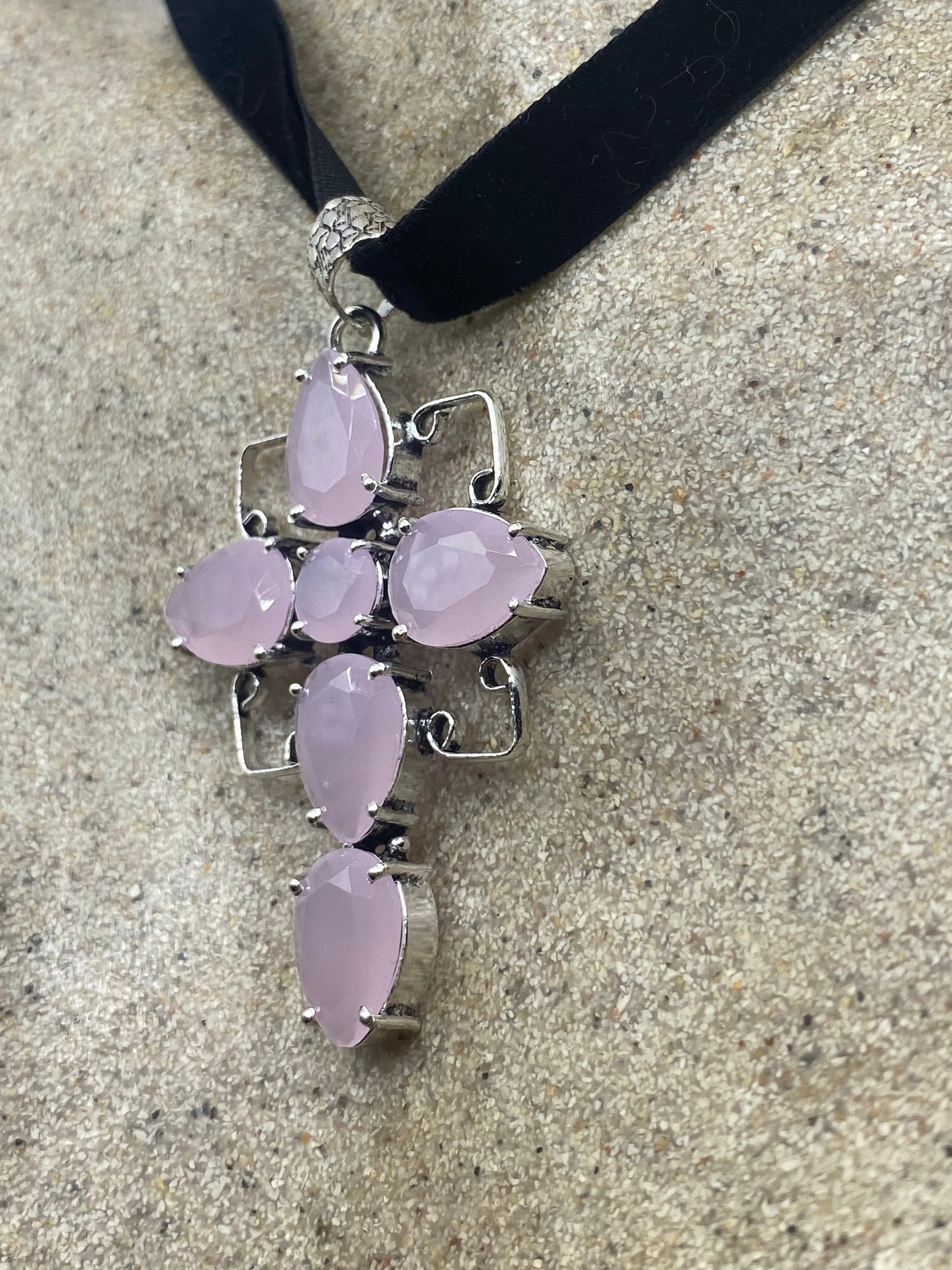 Vintage Handmade Silver Finish Rose Quartz Cross Choker Pendant