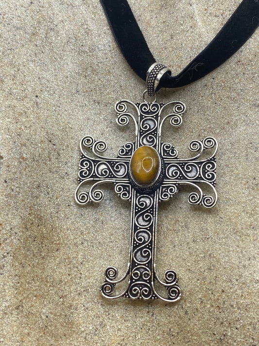 Vintage gothic tigers eye cross Pendant Necklace