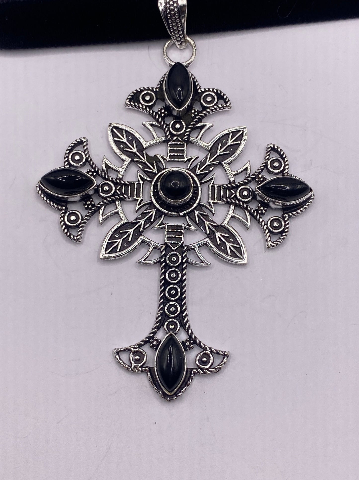 Vintage Black Onyx Cross Choker Black Velvet Ribbon Pendant