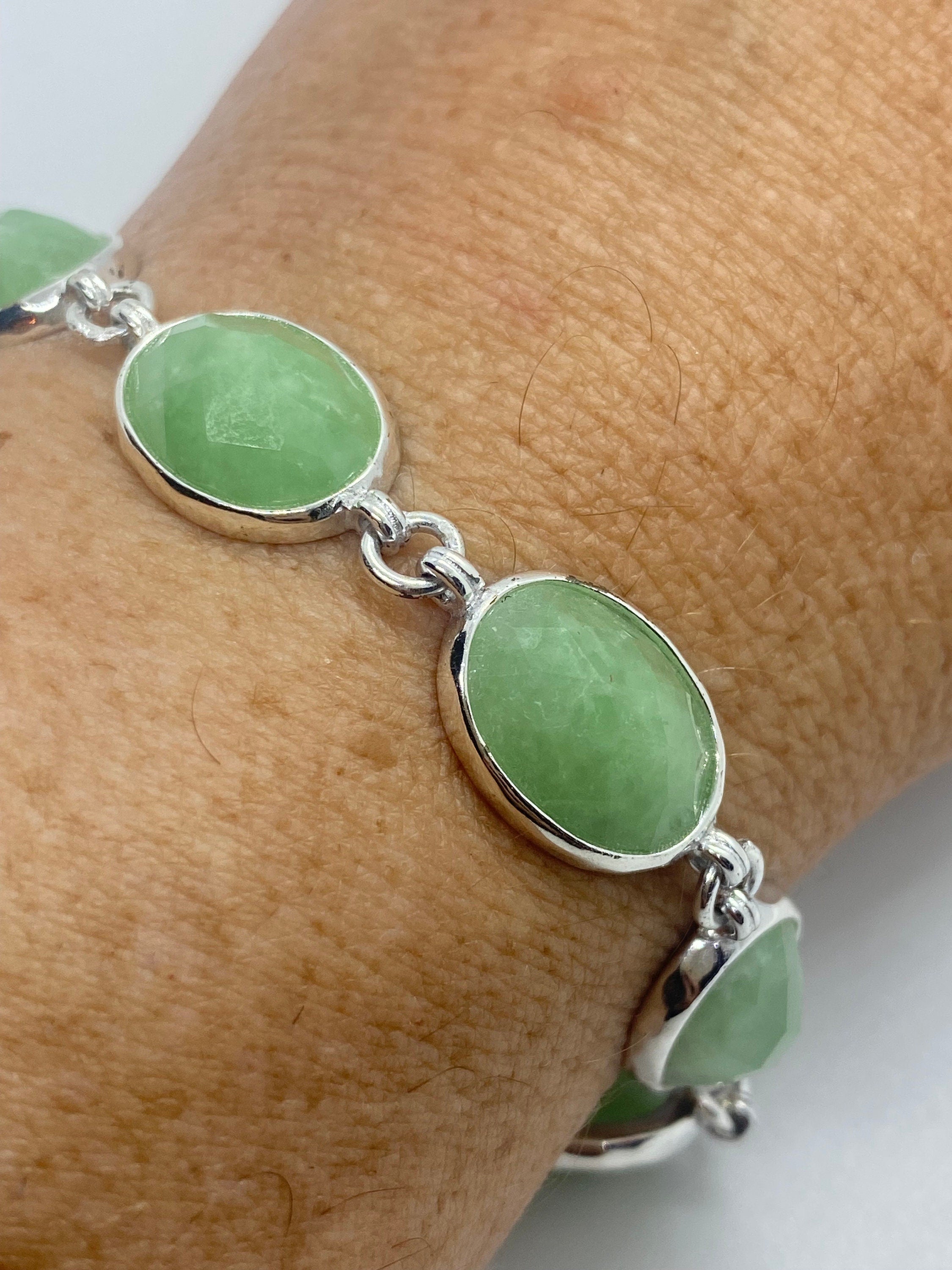 Vintage Green Jade Tennis Bracelet in 925 Sterling Silver