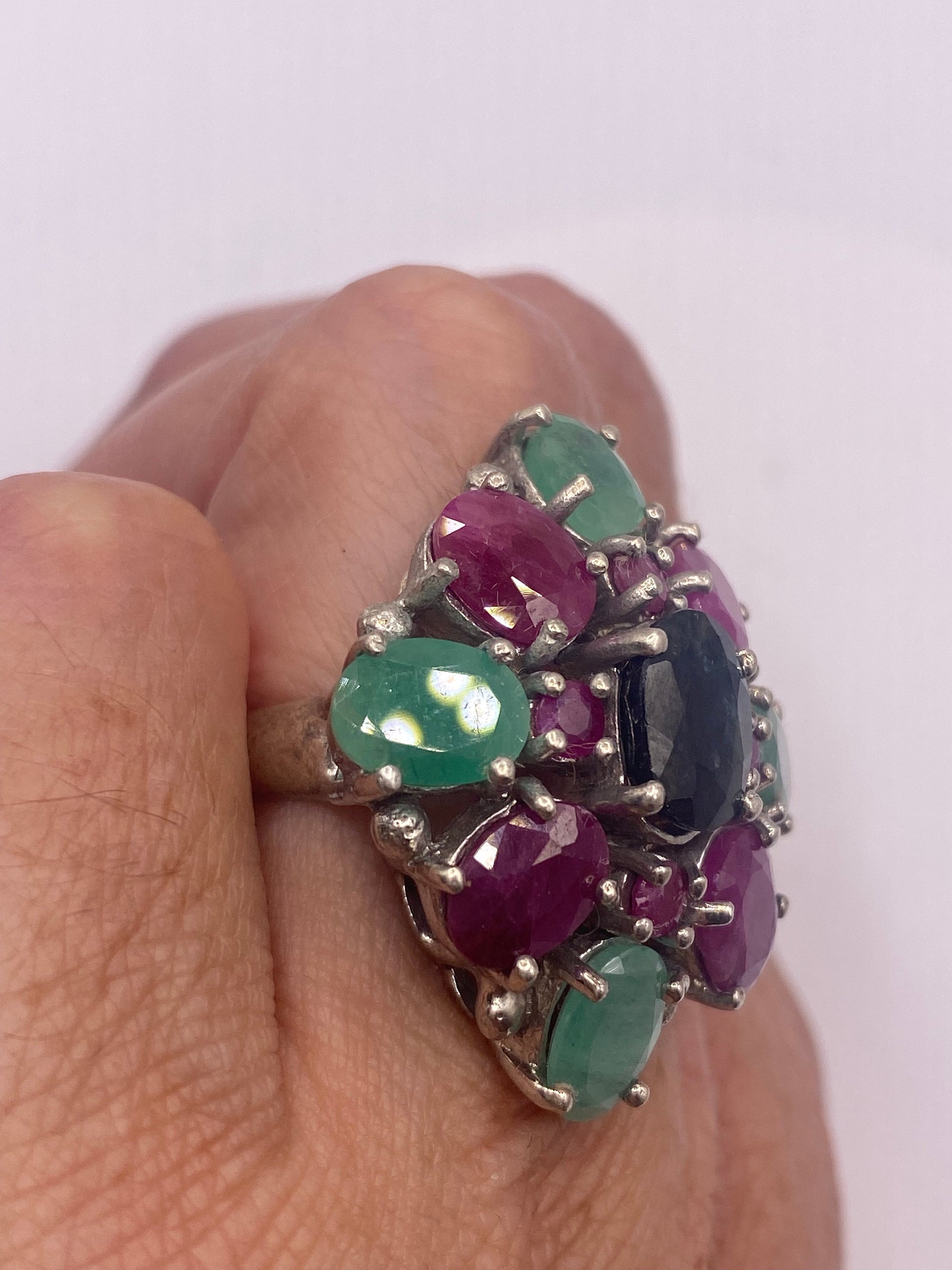 Vintage Green Emerald, Blue Sapphire and Ruby 925 Sterling Silver Ring Size 5.5
