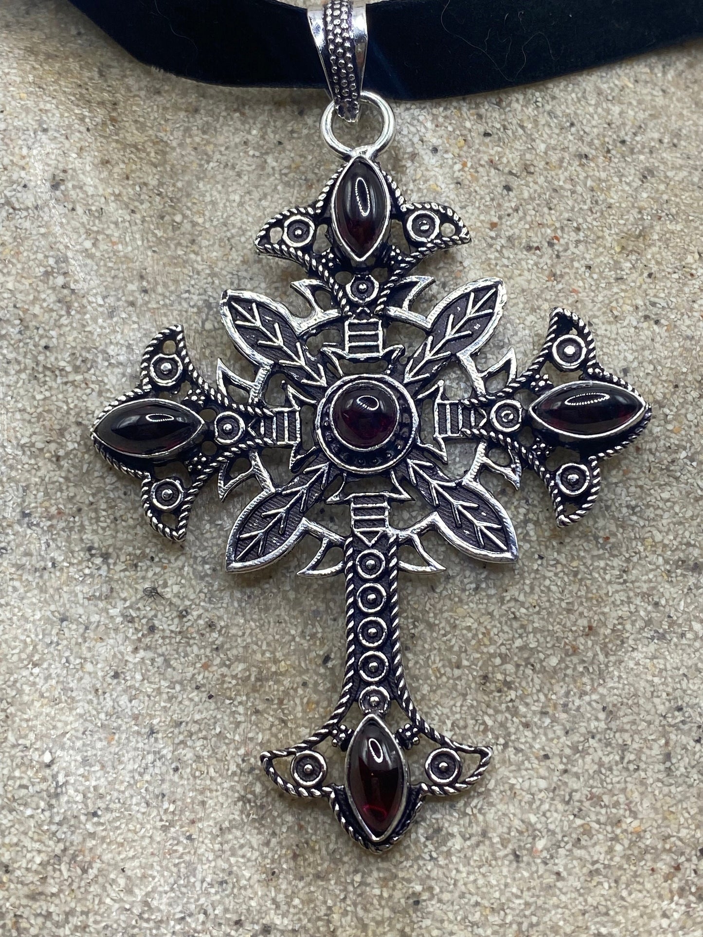 Vintage Red Garnet Cross Choker Black Velvet Necklace.