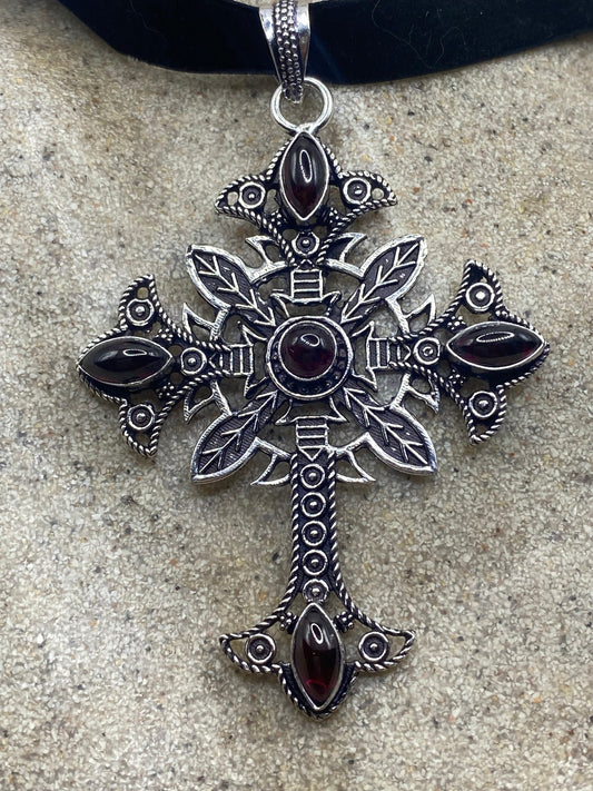 Vintage Red Garnet Cross Choker Black Velvet Necklace.