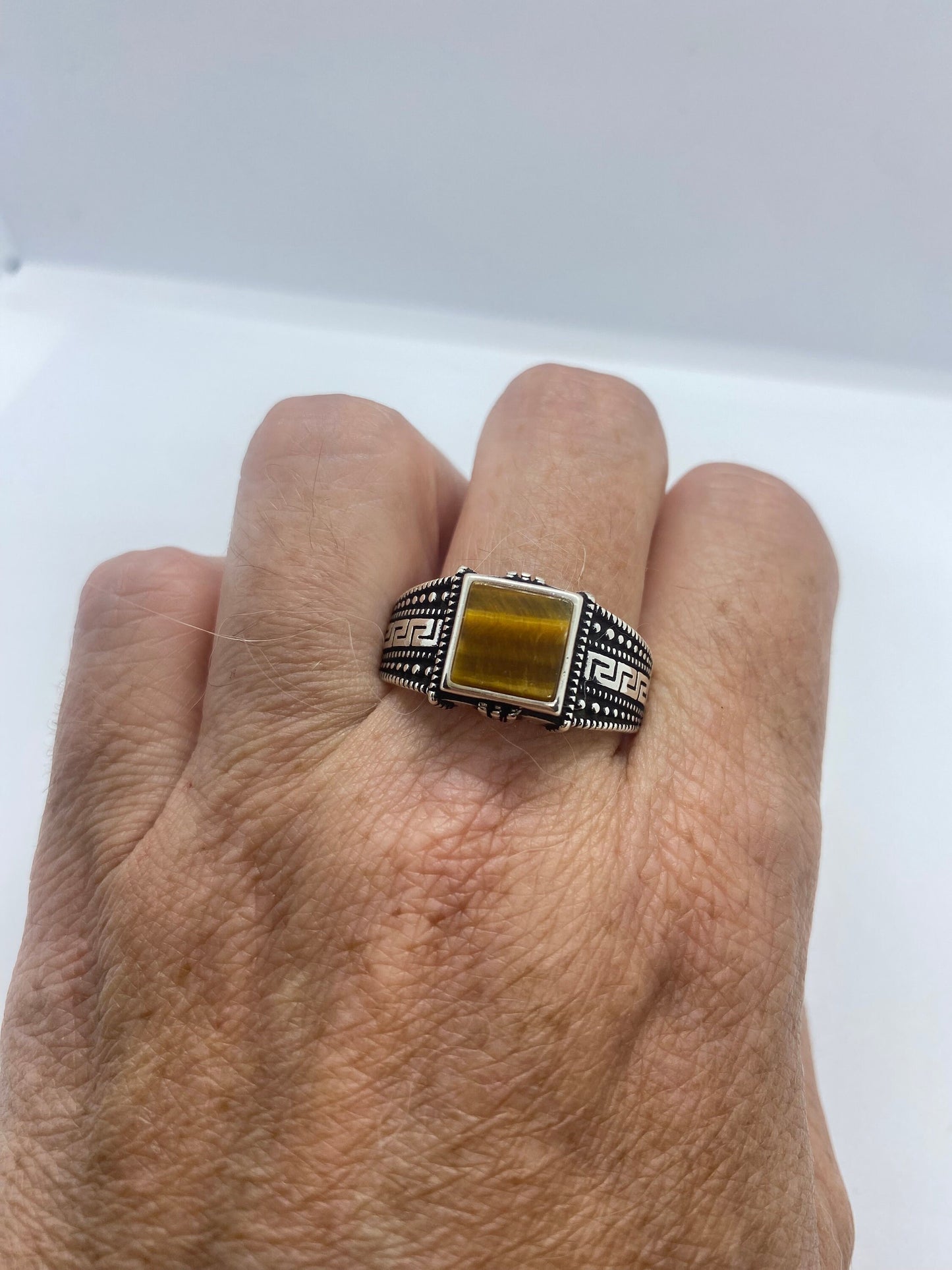 Vintage 1970 Gothic Sterling silver Genuine Tigers Eye Mens Ring