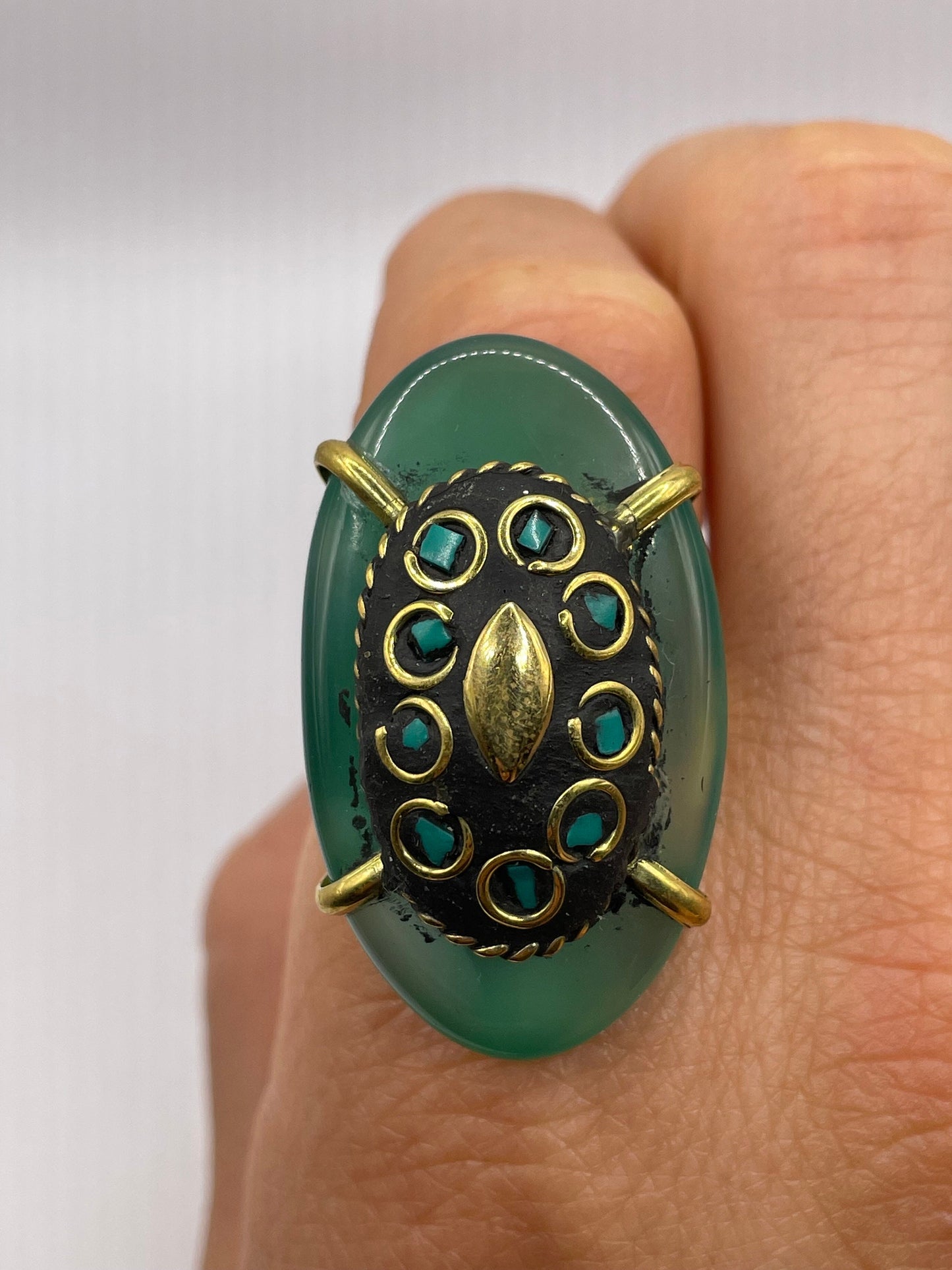 Vintage Genuine Green Agate Adjustable Statement Ring