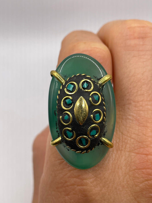 Vintage Genuine Green Agate Adjustable Statement Ring