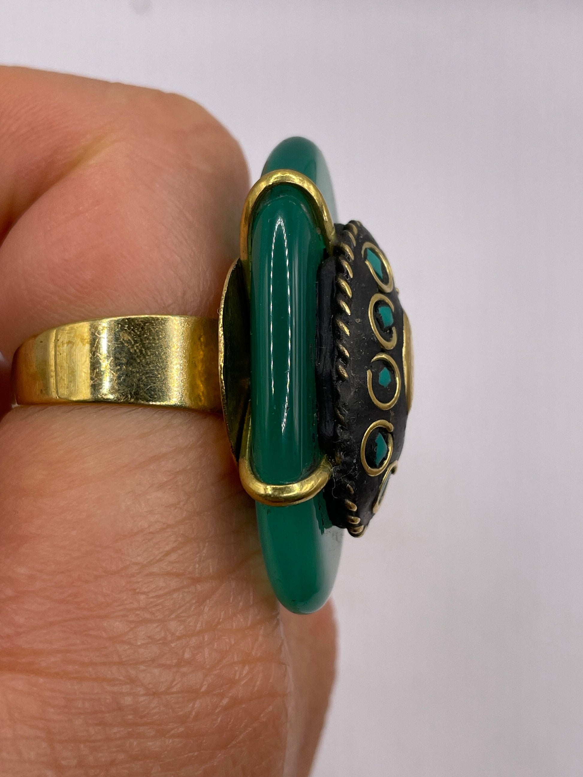 Vintage Genuine Green Agate Adjustable Statement Ring