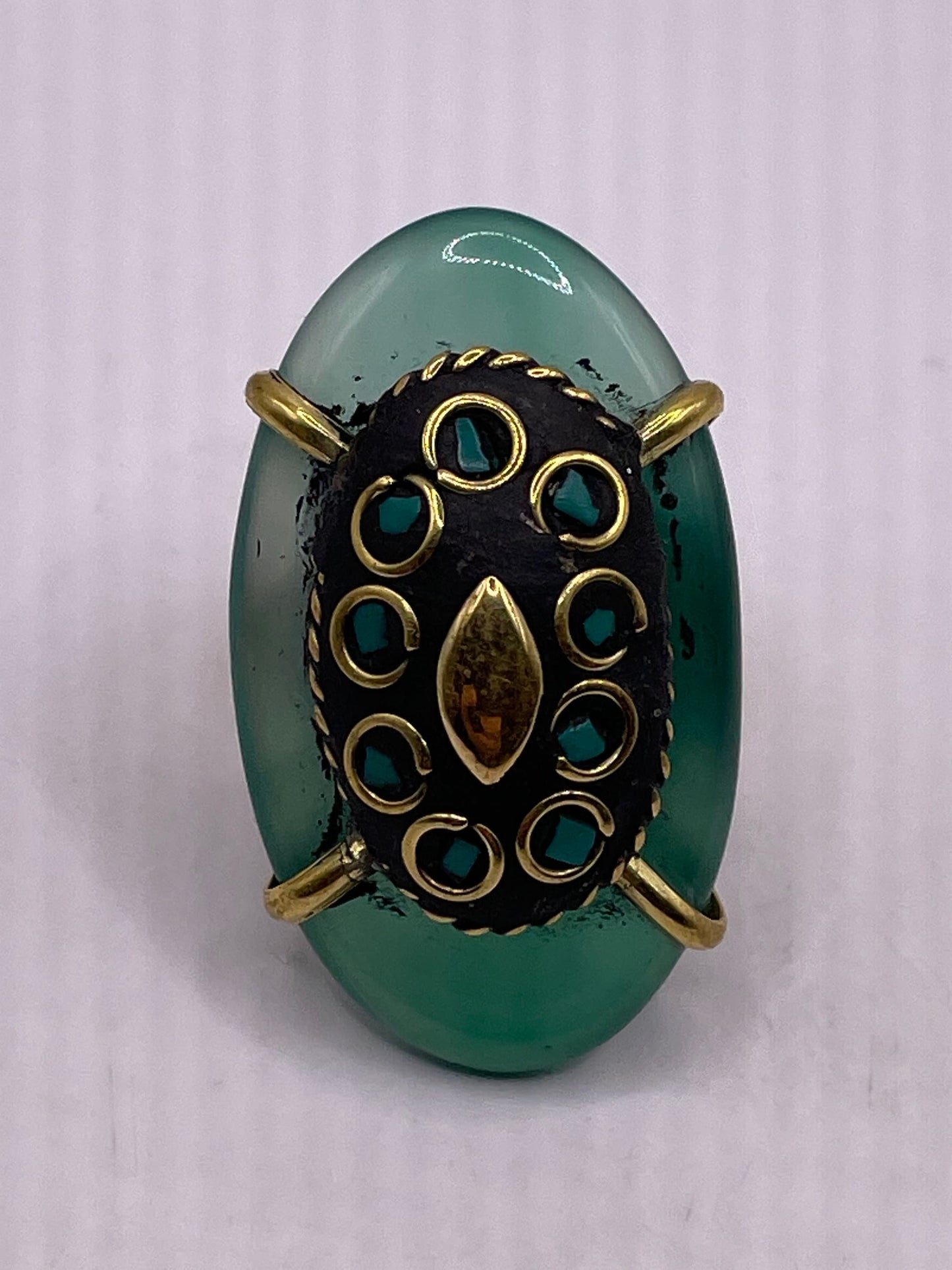 Vintage Genuine Green Agate Adjustable Statement Ring