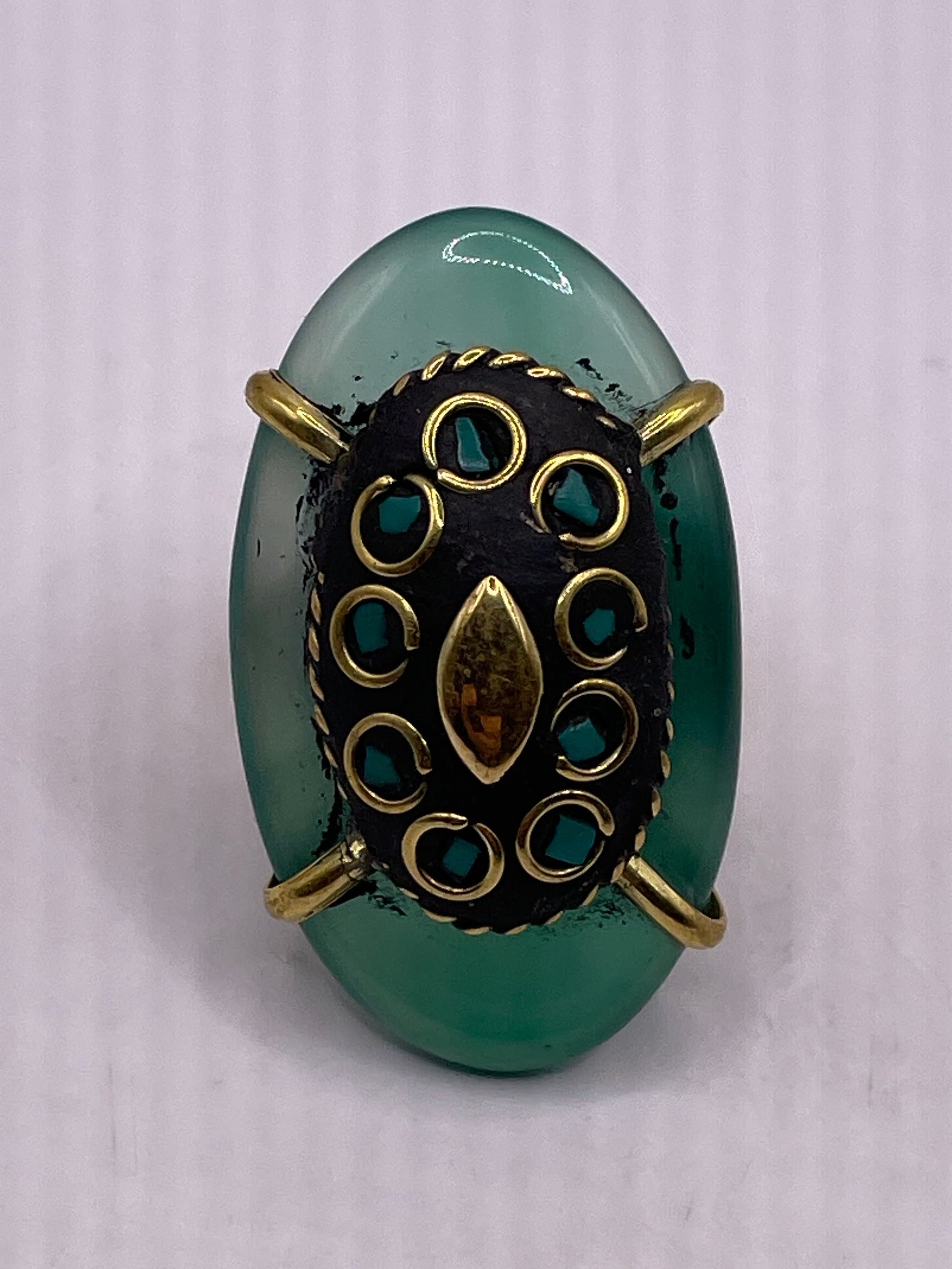 Vintage Genuine Green Agate Adjustable Statement Ring