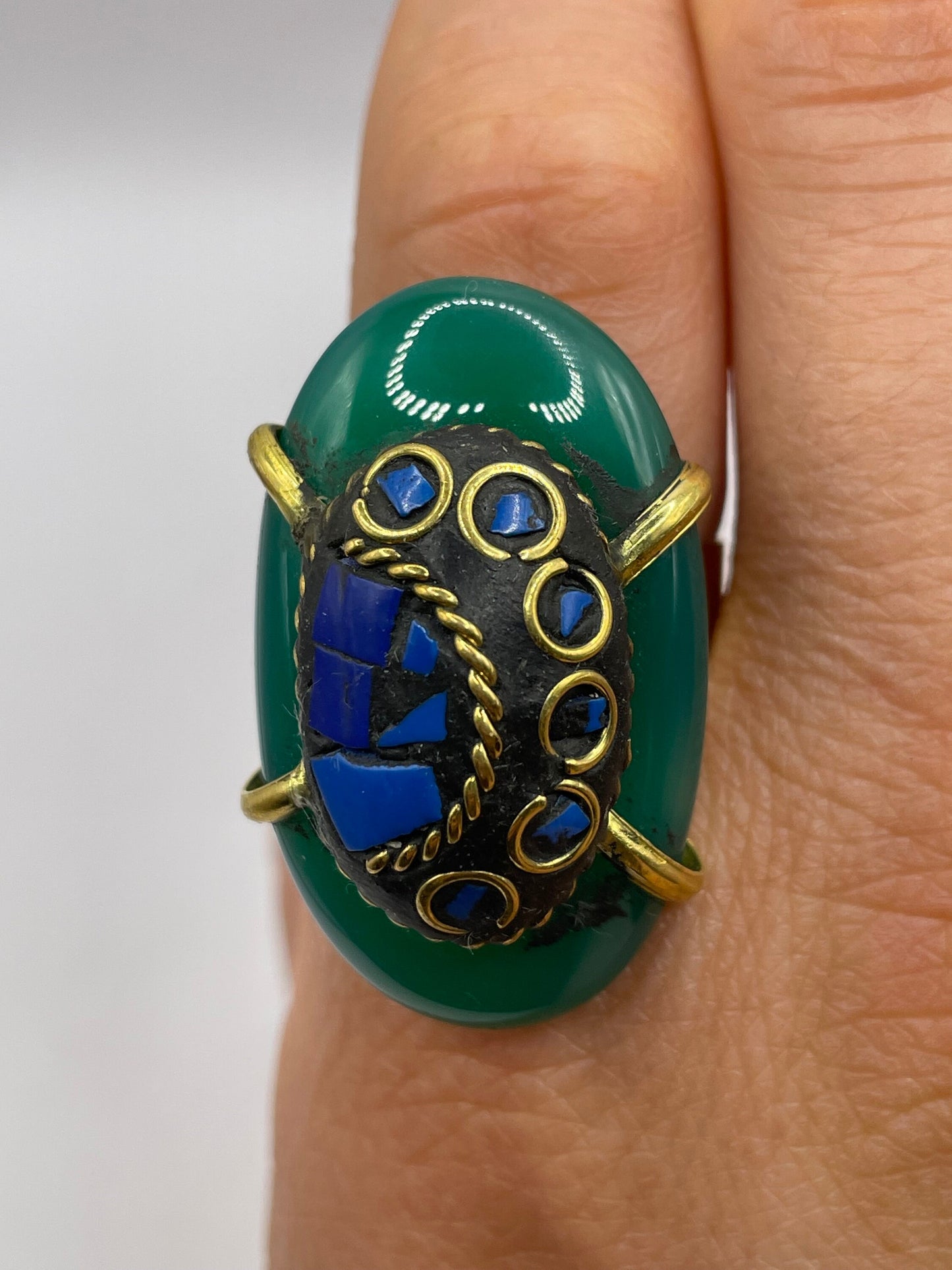 Vintage Genuine Green Agate Adjustable Statement Ring