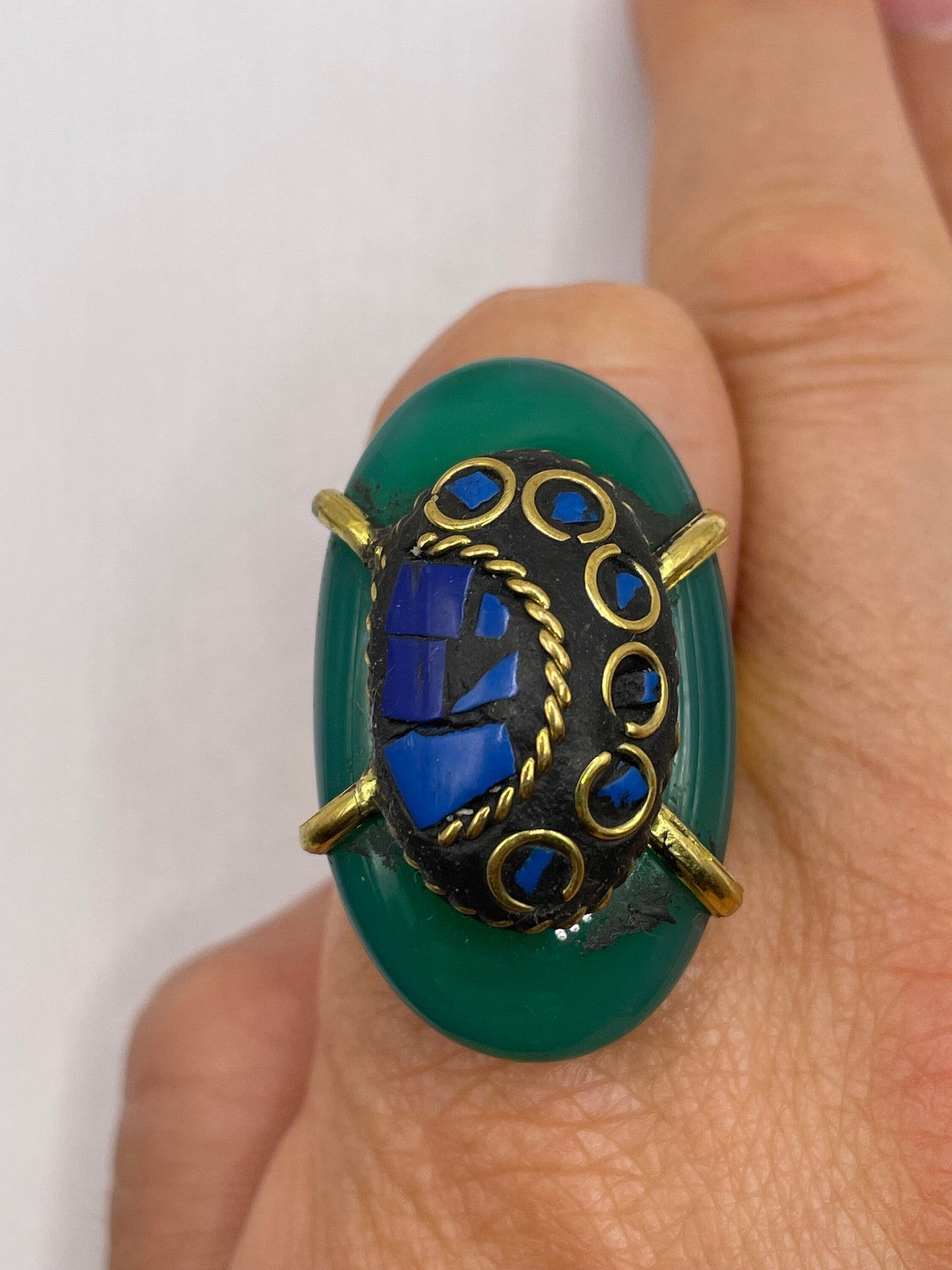 Vintage Genuine Green Agate Adjustable Statement Ring