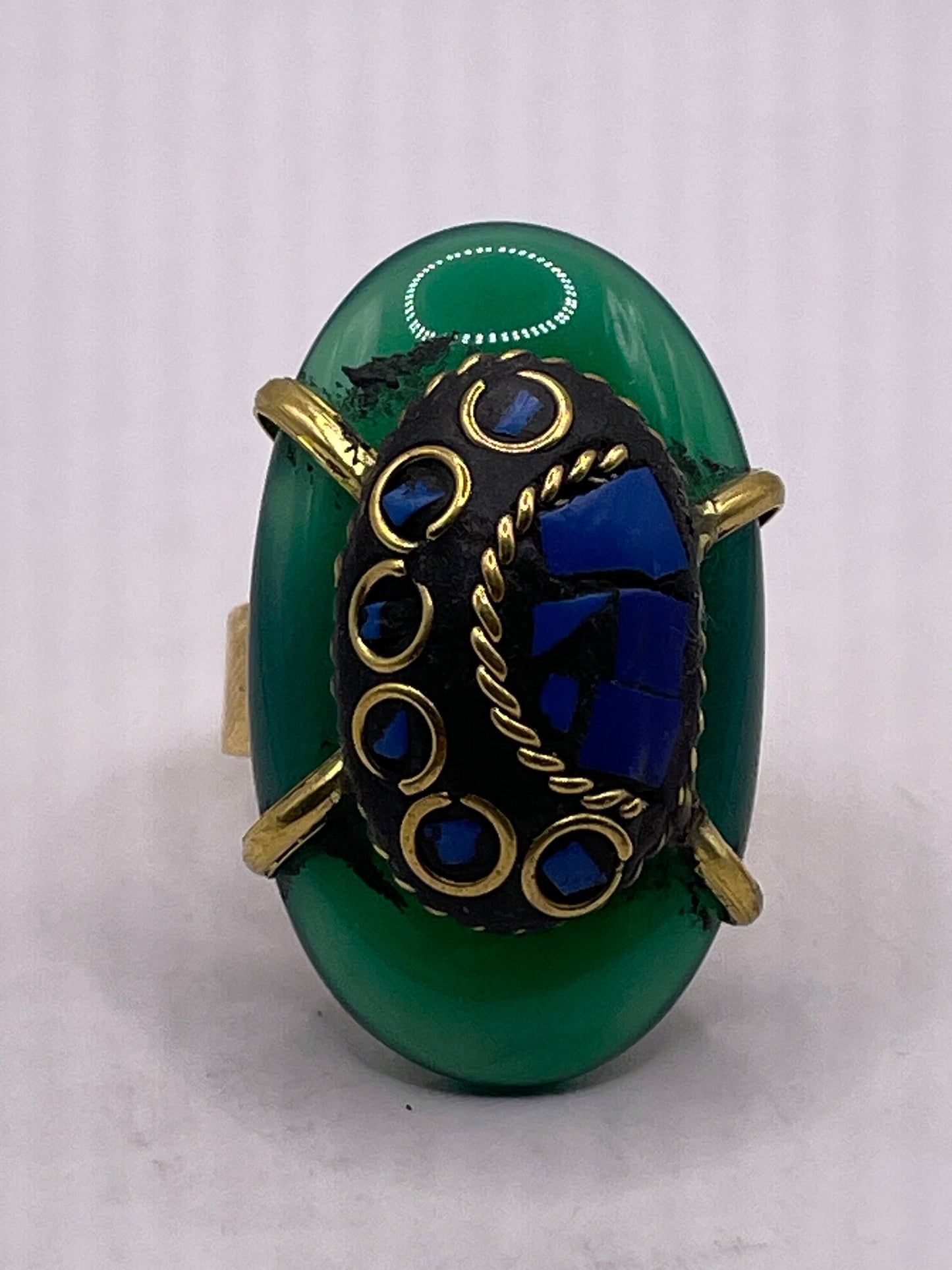 Vintage Genuine Green Agate Adjustable Statement Ring