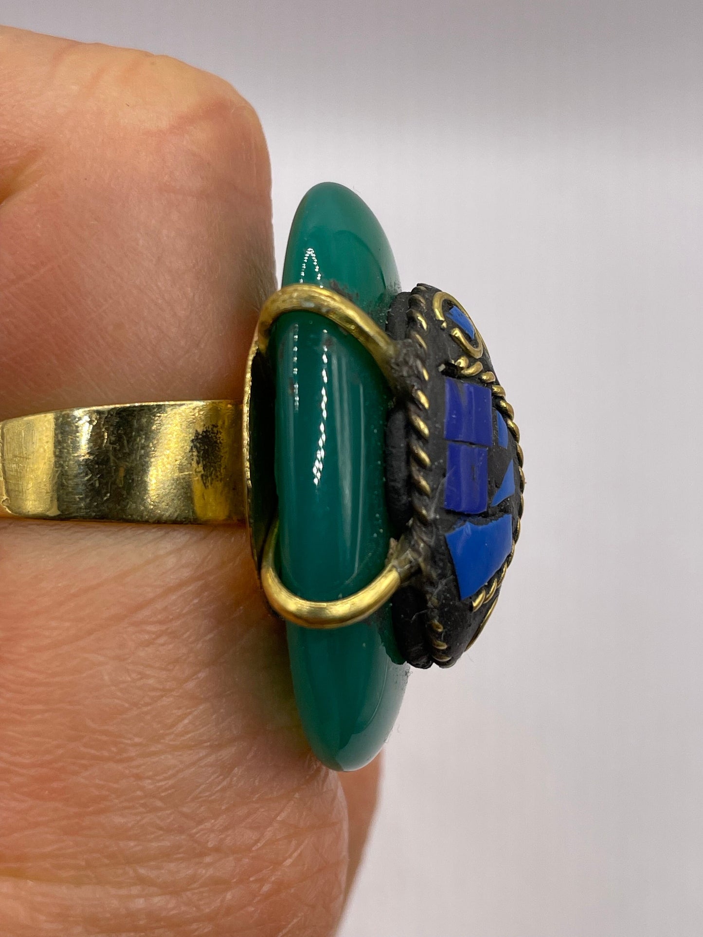 Vintage Genuine Green Agate Adjustable Statement Ring