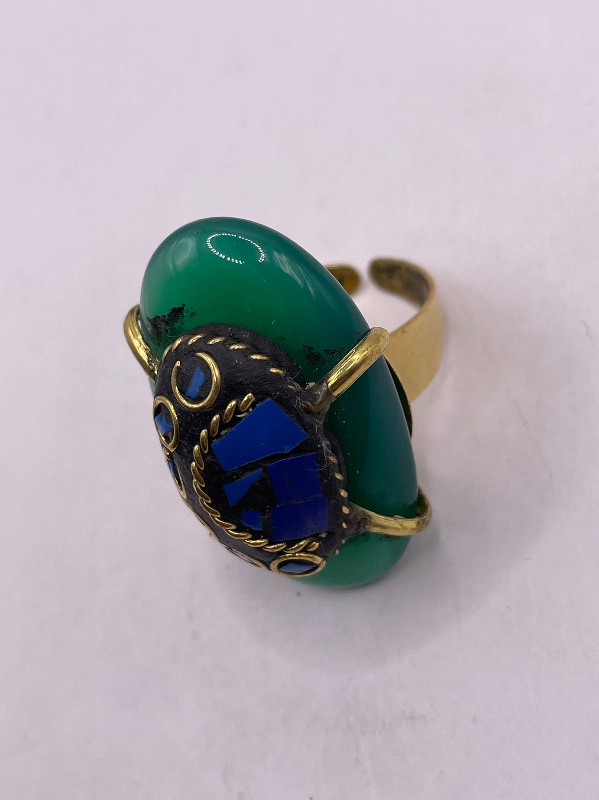 Vintage Genuine Green Agate Adjustable Statement Ring