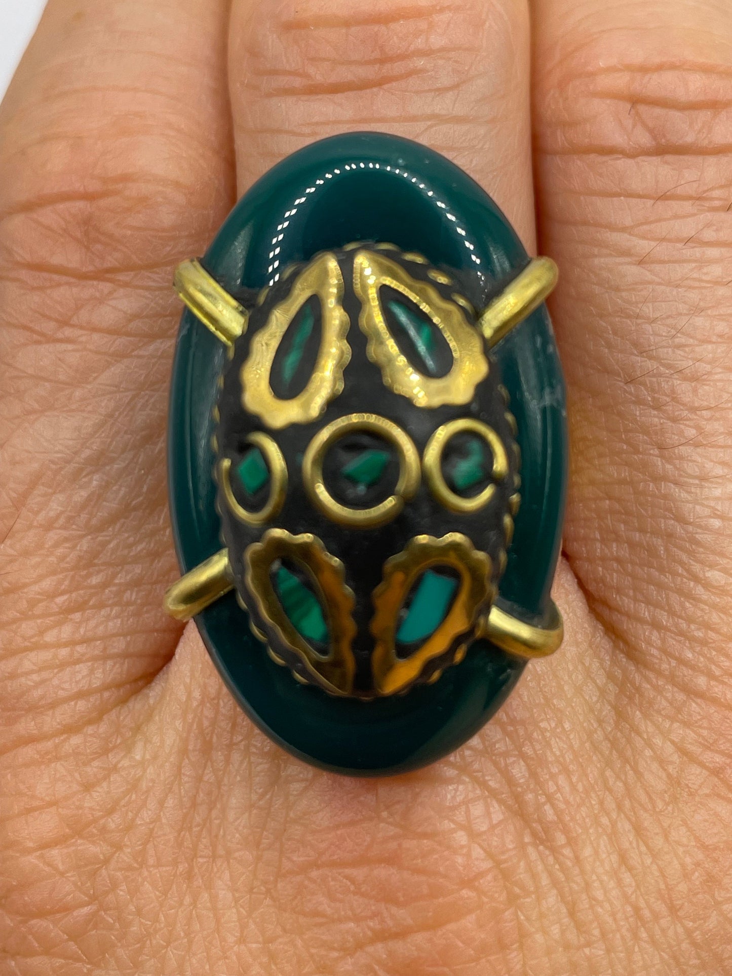 Vintage Genuine Green Agate Adjustable Statement Ring