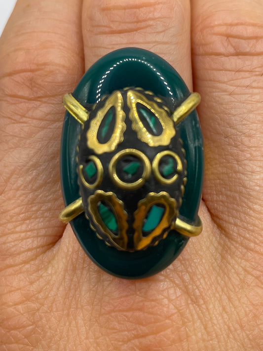 Vintage Genuine Green Agate Adjustable Statement Ring