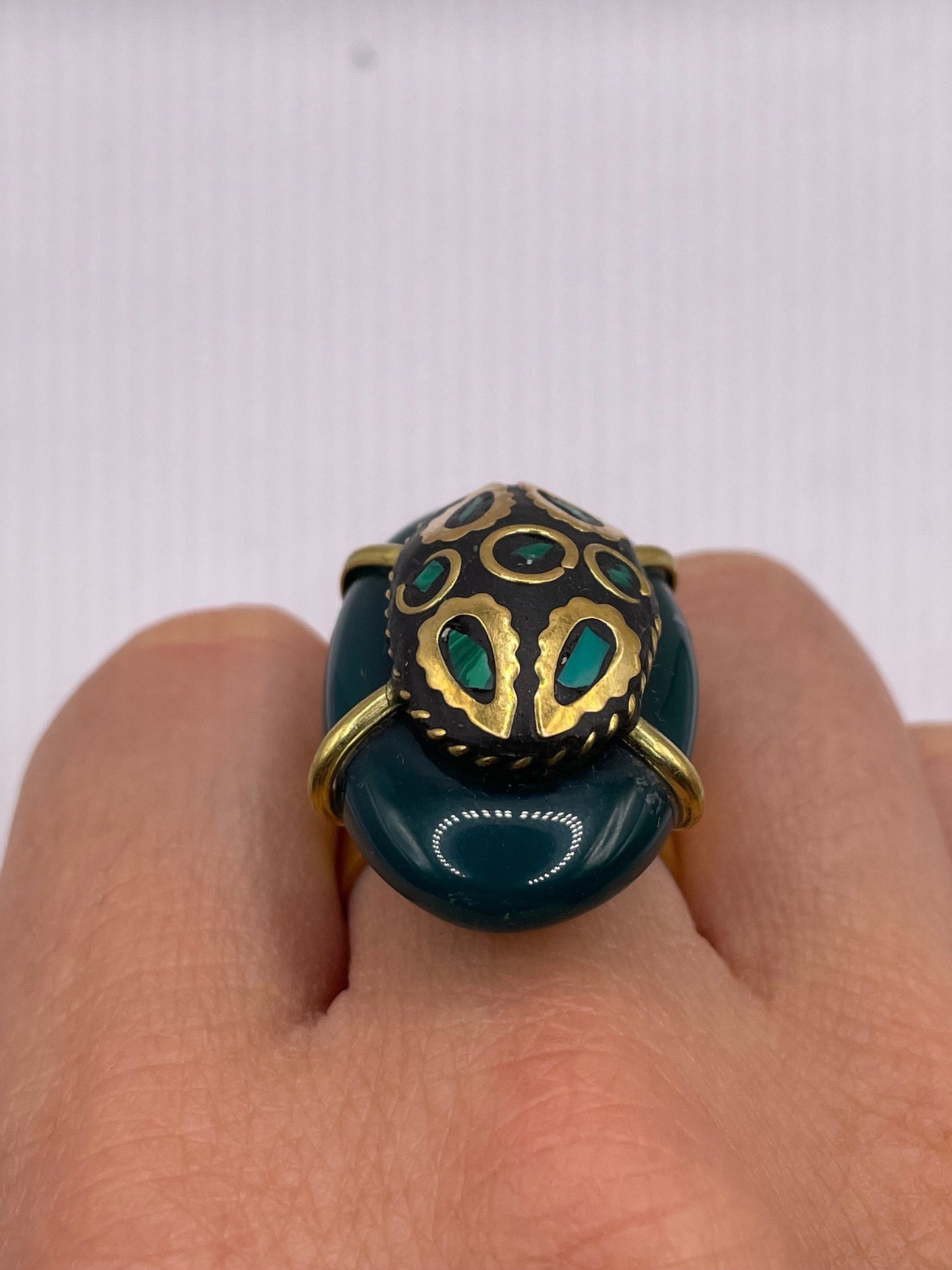 Vintage Genuine Green Agate Adjustable Statement Ring