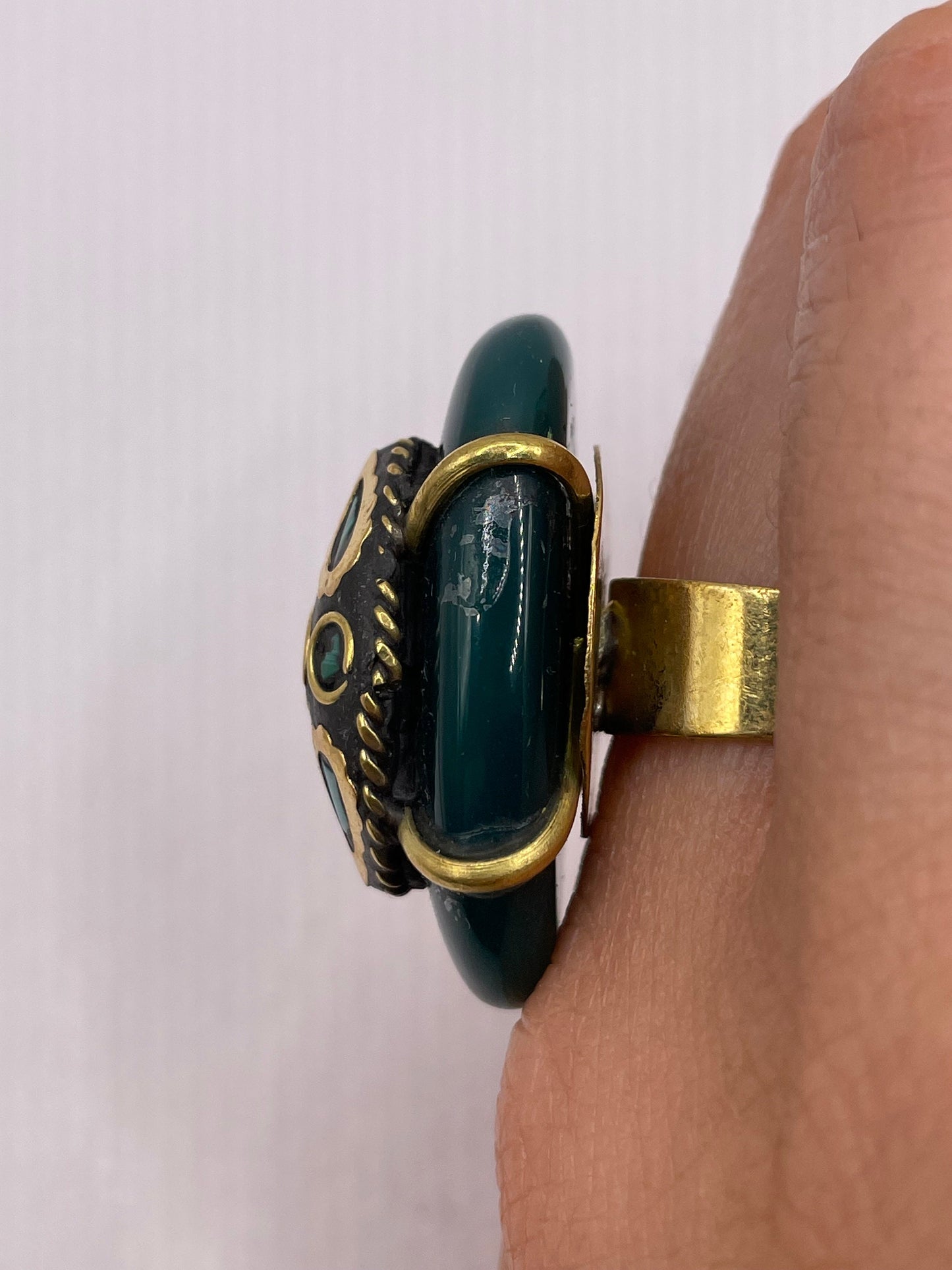 Vintage Genuine Green Agate Adjustable Statement Ring