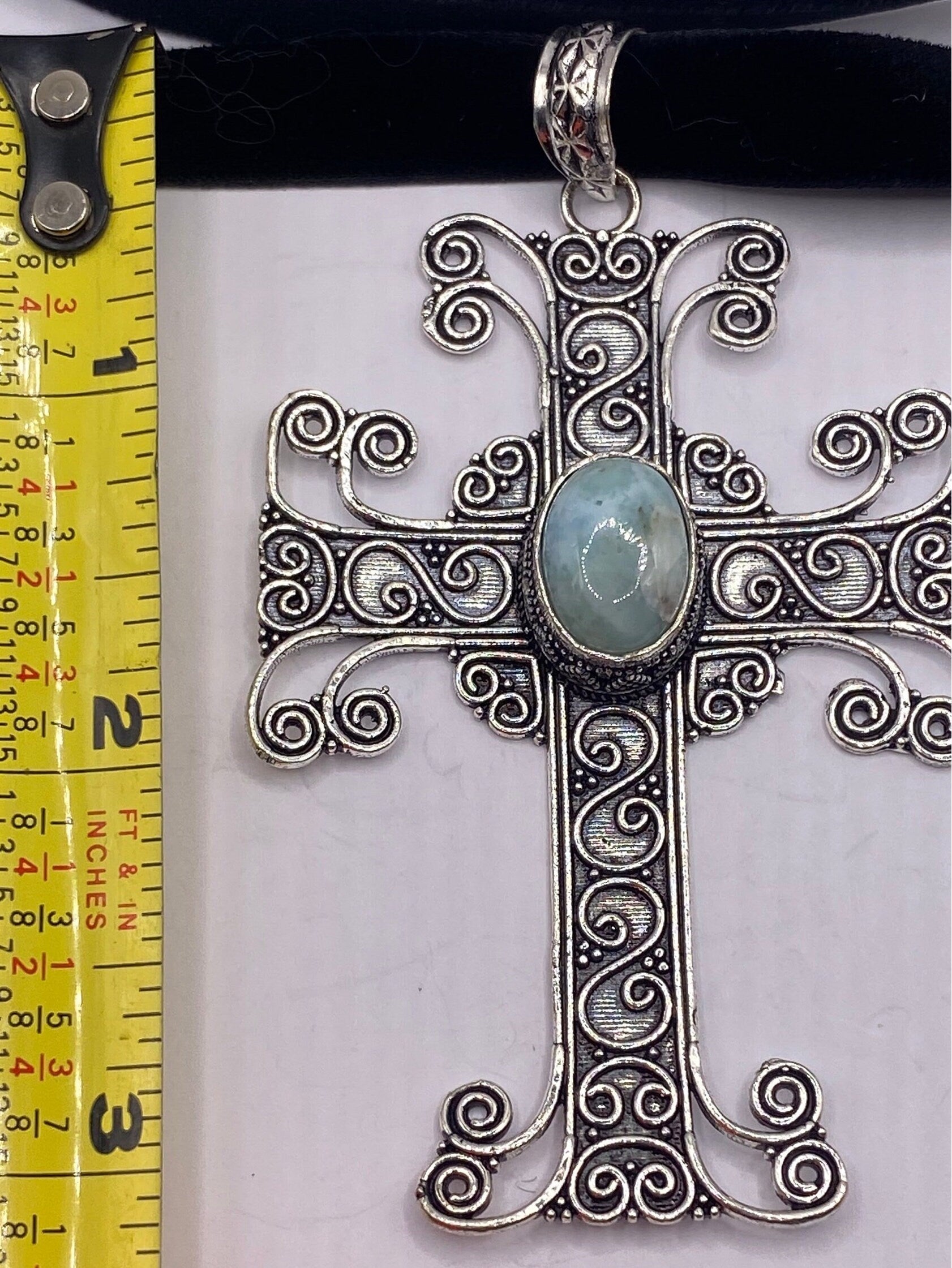 Vintage gothic blue larimar cross Pendant Necklace