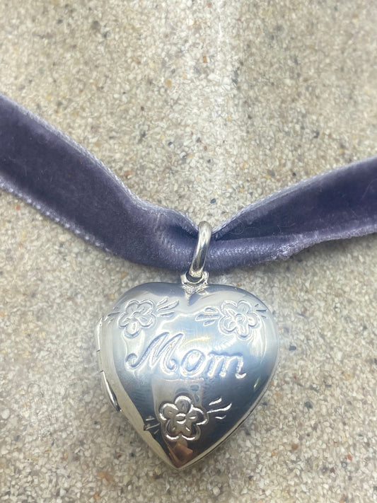 Vintage Silver Locket |Tiny Heart Pendant Photo Memory Charm Engraved Mom Flowers | 925 Sterling Silver Choker Necklace