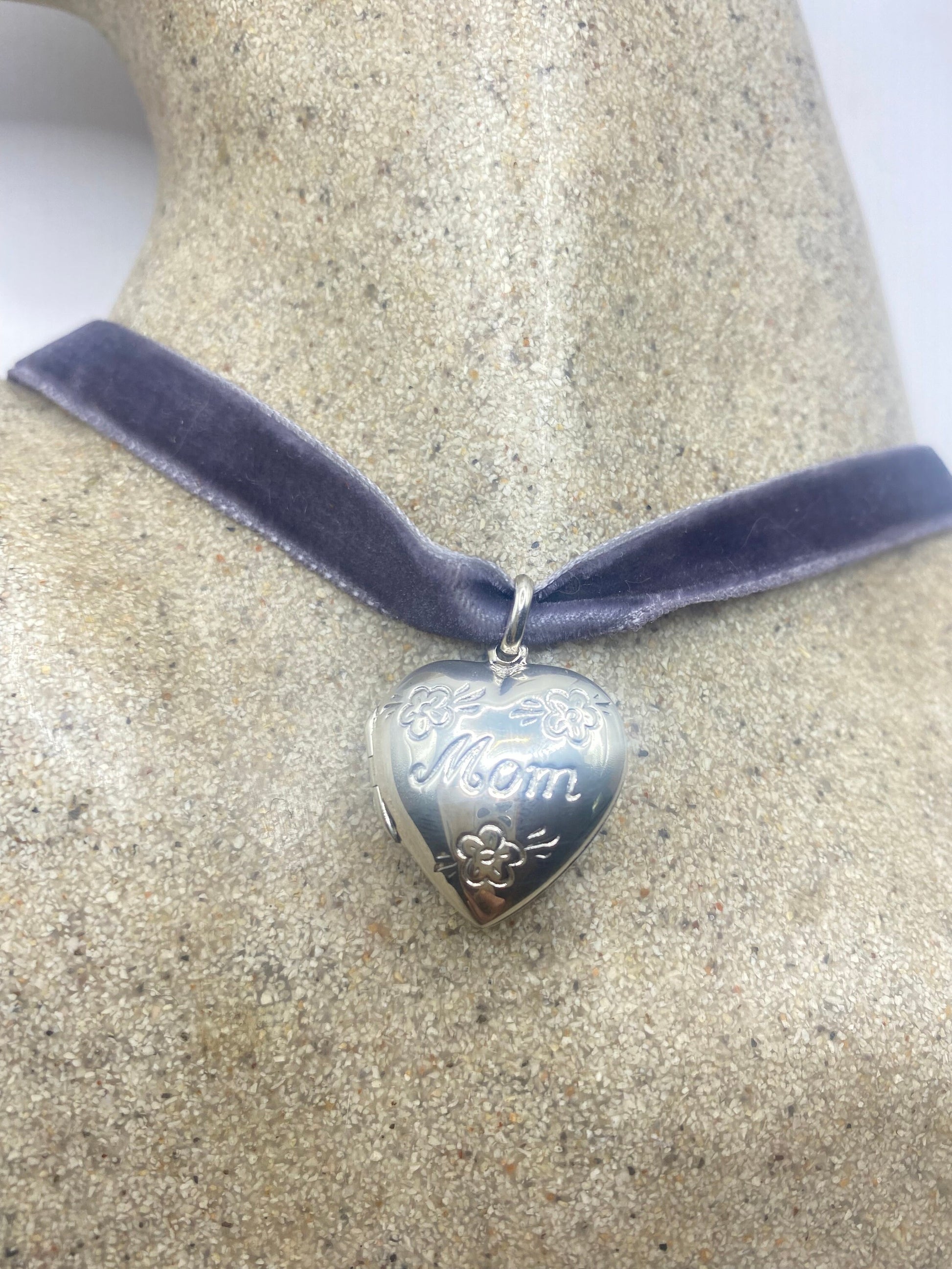 Vintage Silver Locket |Tiny Heart Pendant Photo Memory Charm Engraved Mom Flowers | 925 Sterling Silver Choker Necklace