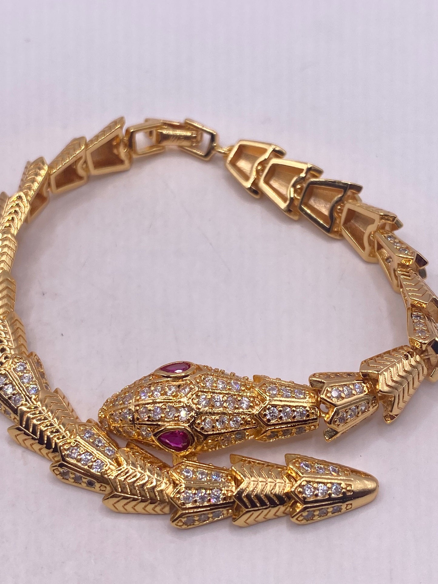 Vintage Snake Bracelet Gold filled Red Ruby Crystal Eyes
