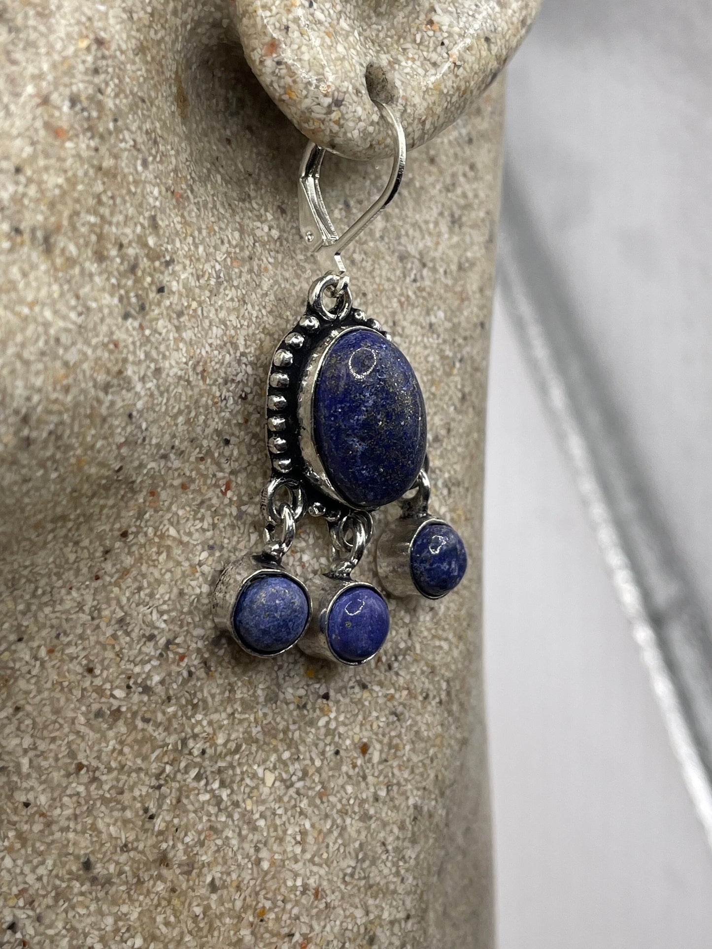 Vintage Blue Lapis Chalcedony Earrings Silver Dangle