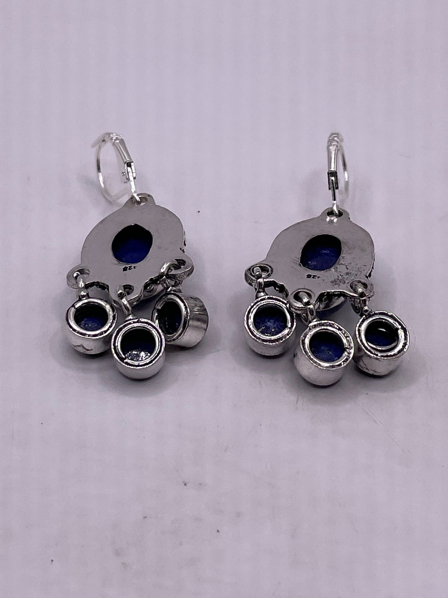 Vintage Blue Lapis Chalcedony Earrings Silver Dangle