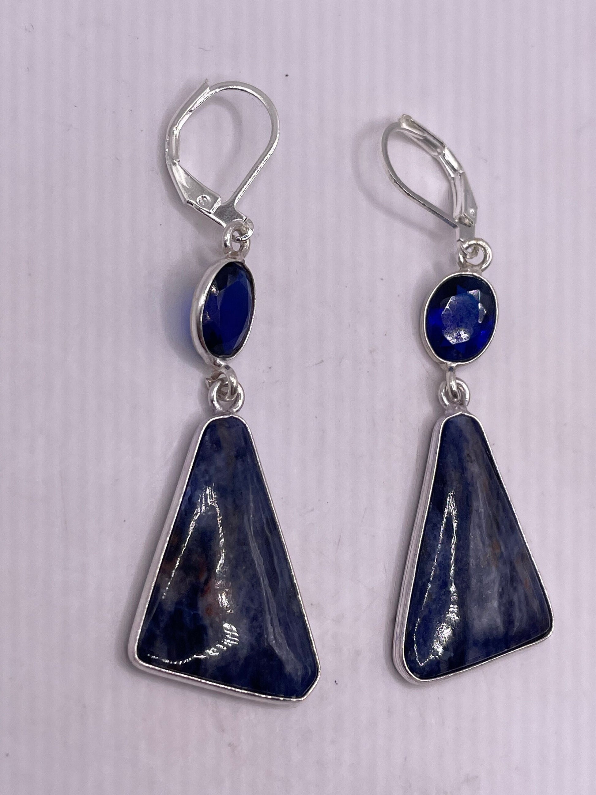 Vintage Blue Lapis Earrings Silver Dangle