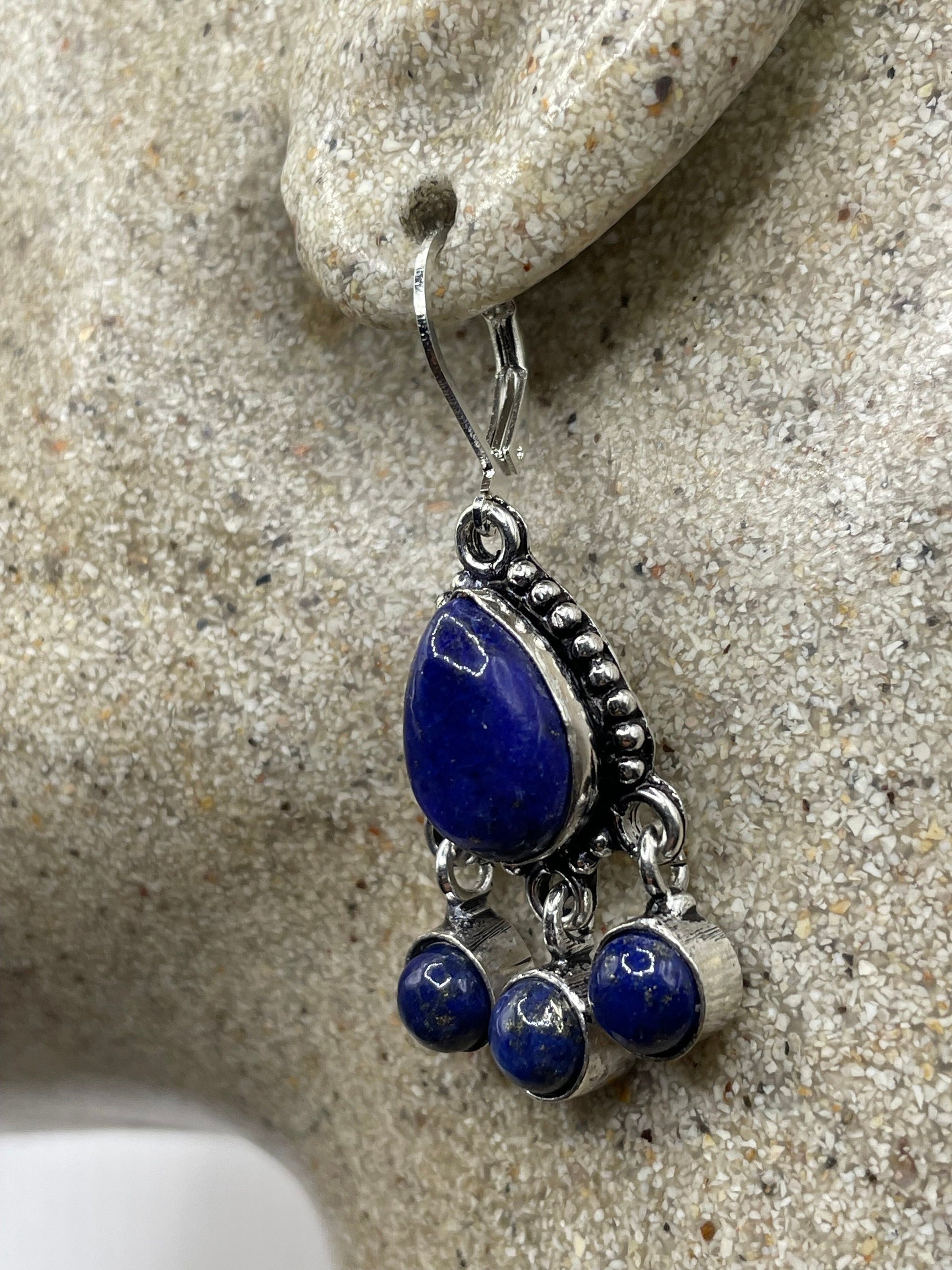 Vintage Blue Lapis Earrings Silver Dangle