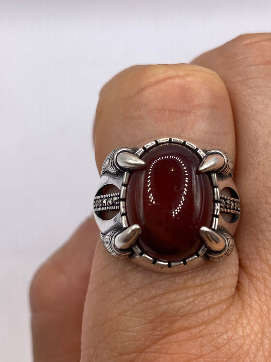 Vintage Genuine Red Carnelian 925 Sterling Silver Marcasite Ring
