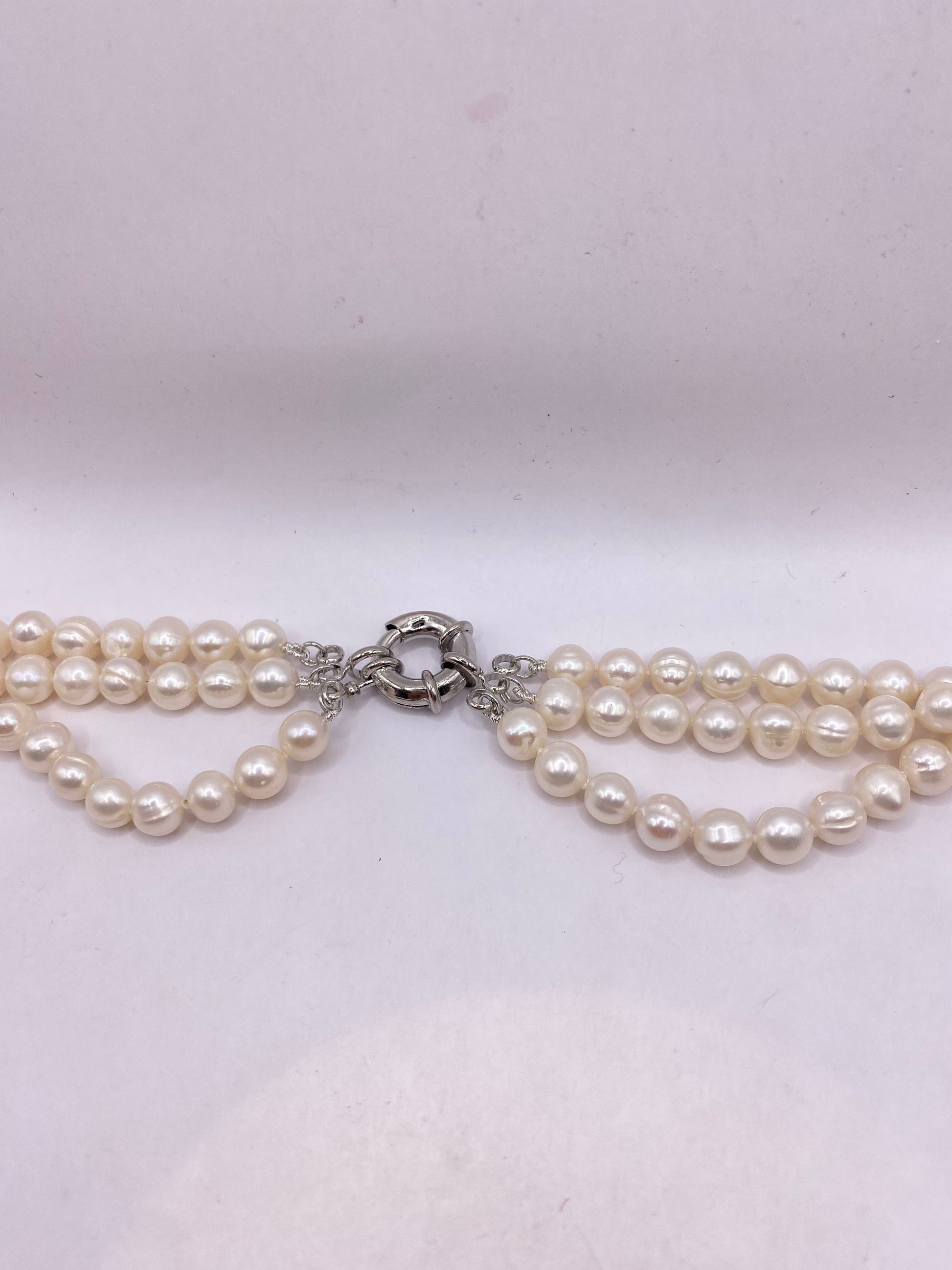 Vintage Hand Knotted White Pearl 3 Strand Necklace