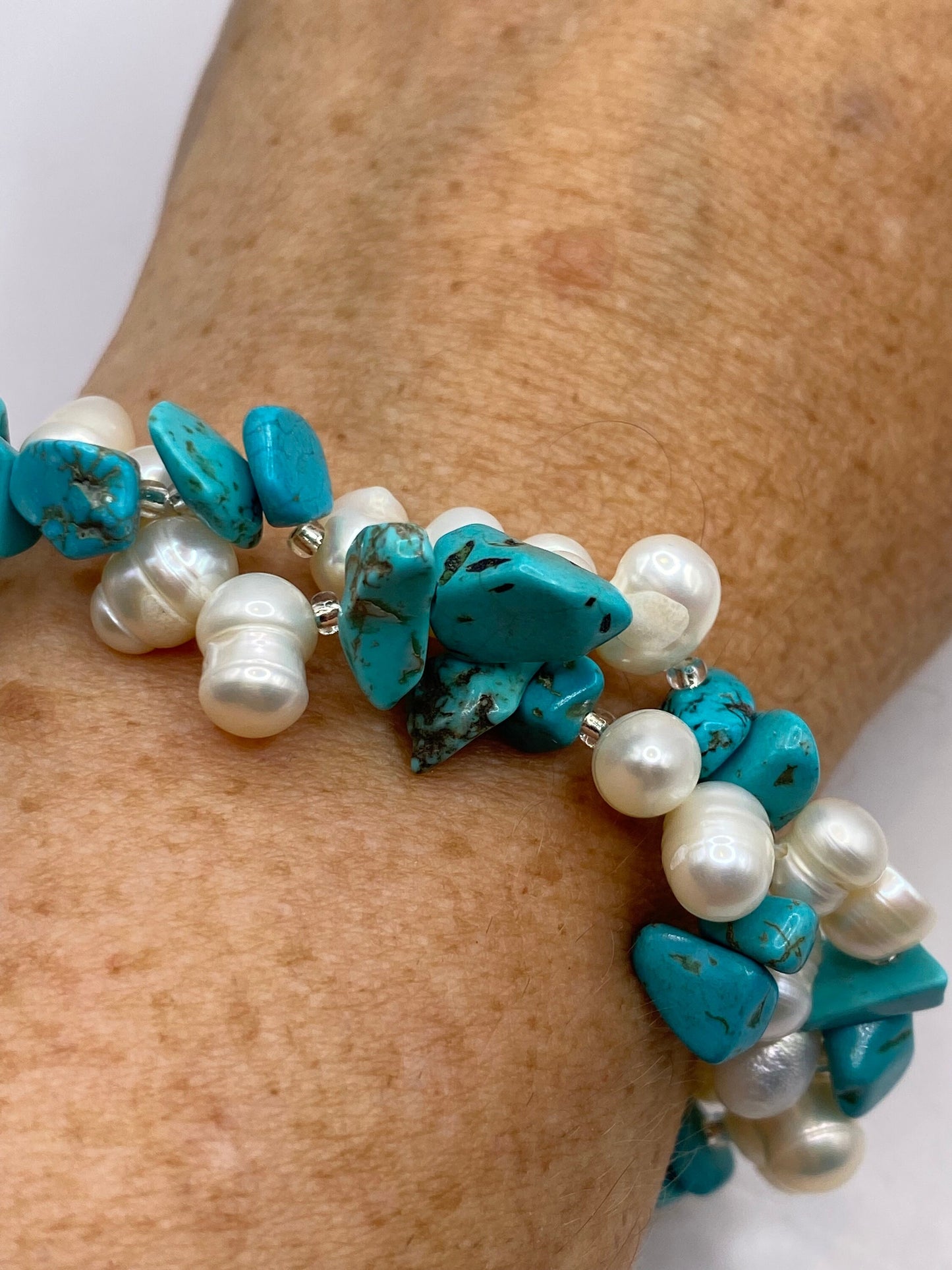 Vintage Pearl and Chip Turquoise Stretch Bracelet