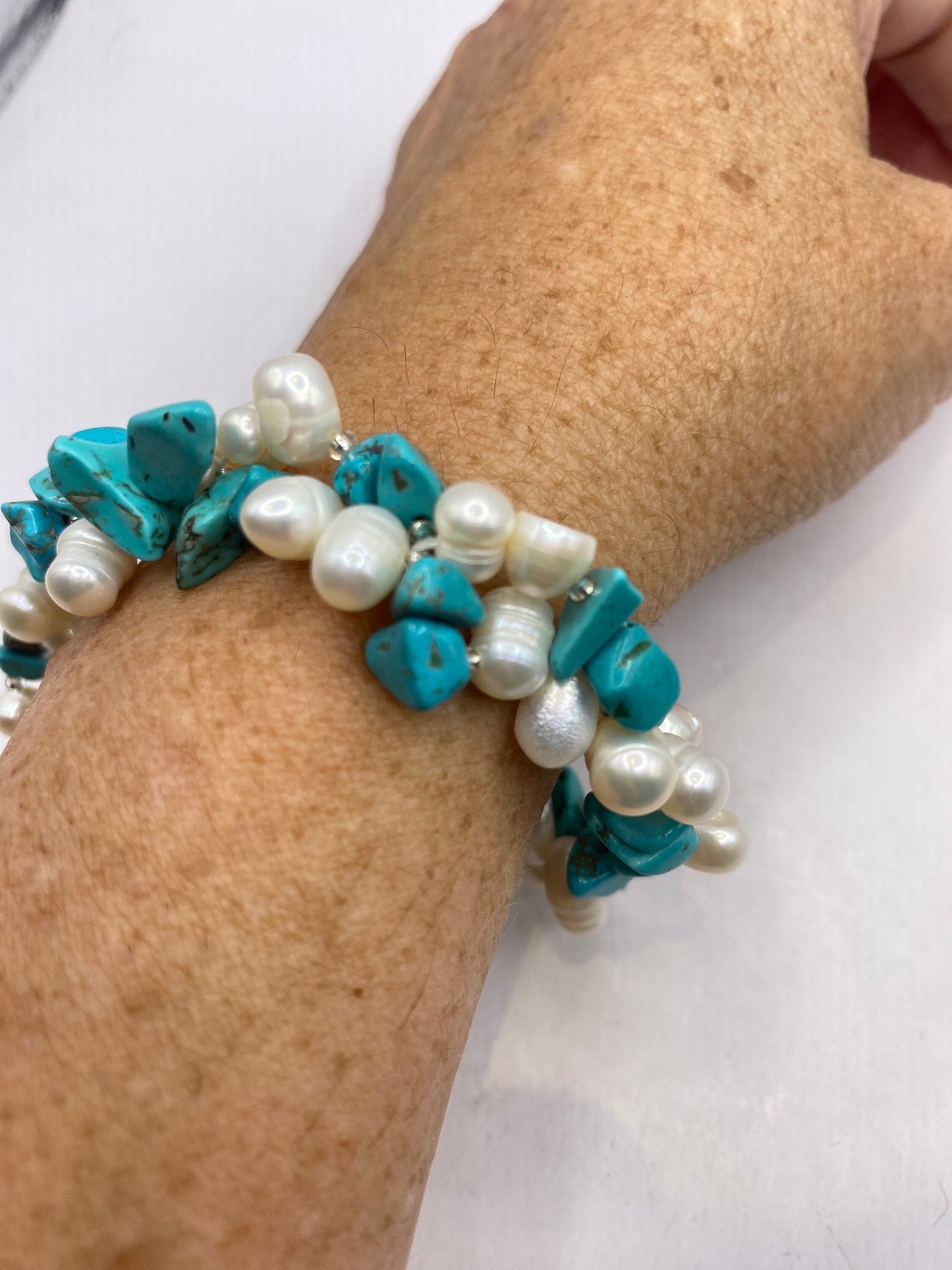 Vintage Pearl and Chip Turquoise Stretch Bracelet