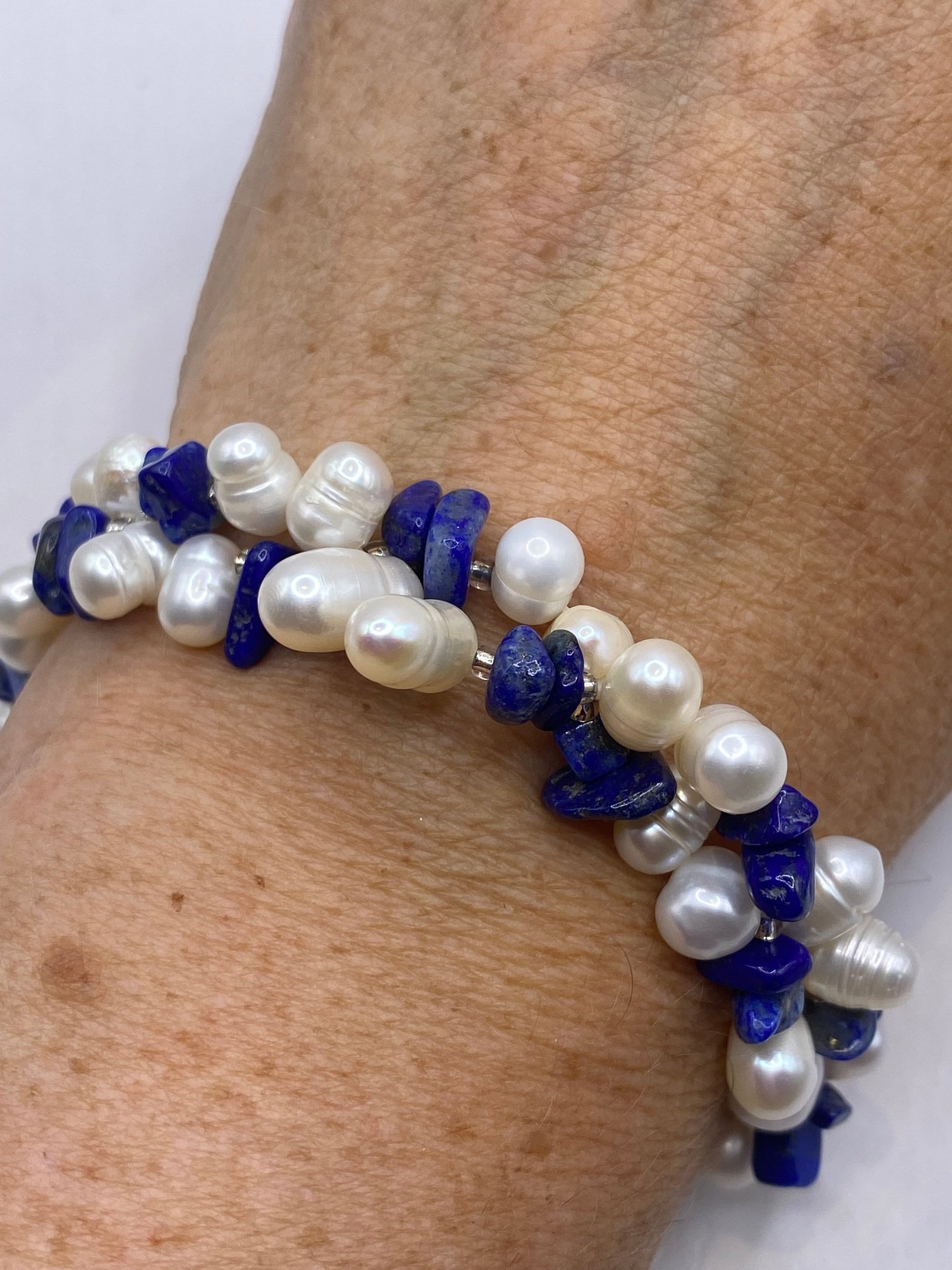 Vintage Pearl and Chip Lapis Stretch Bracelet