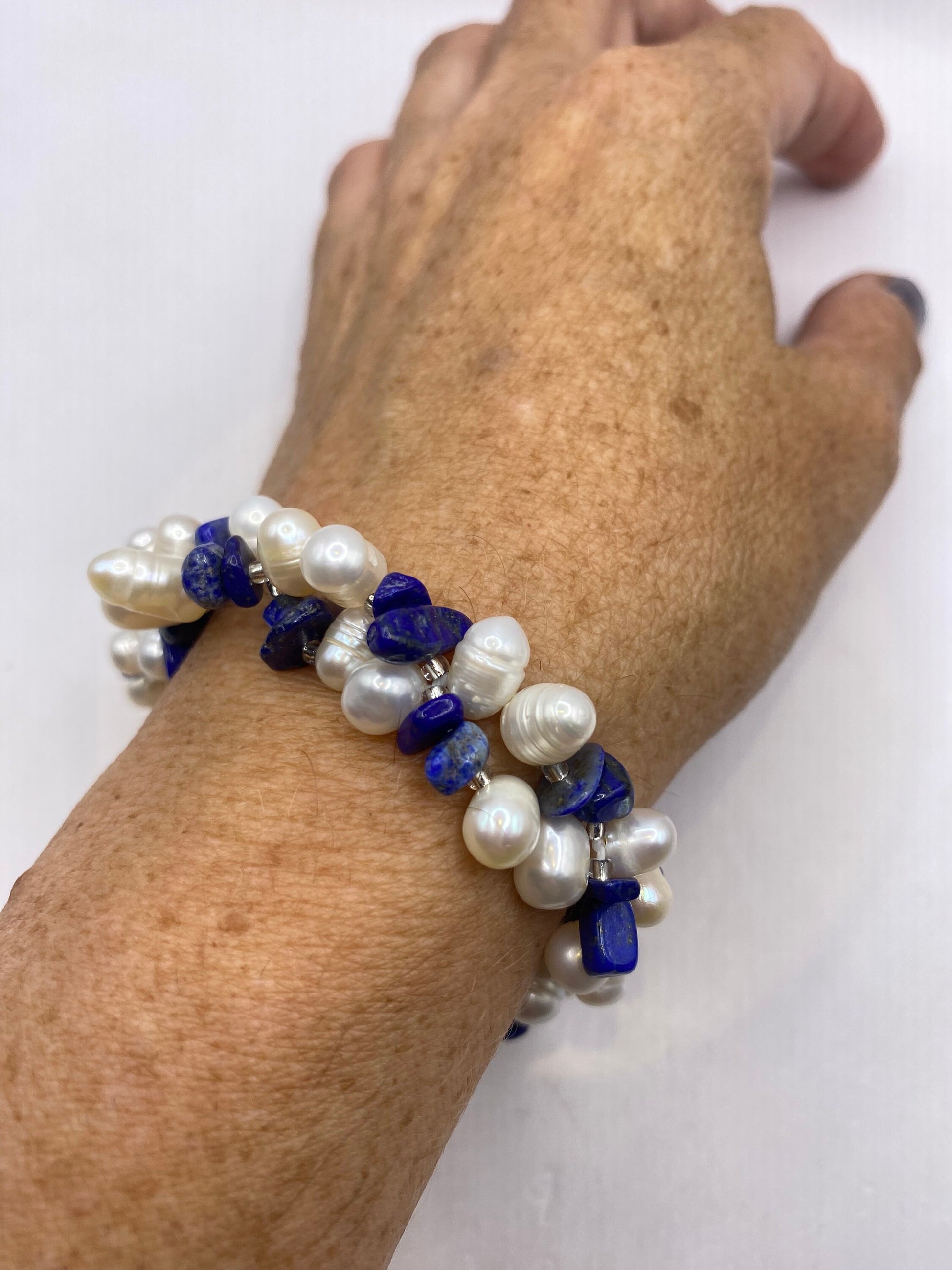 Vintage Pearl and Chip Lapis Stretch Bracelet