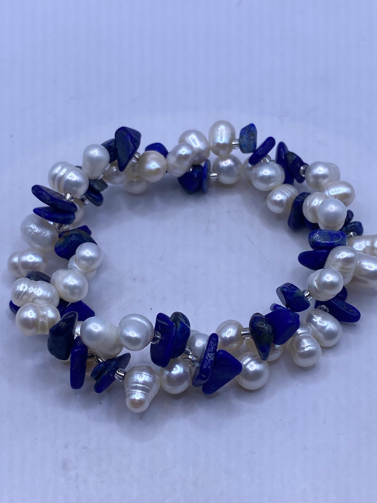 Vintage Pearl and Chip Lapis Stretch Bracelet