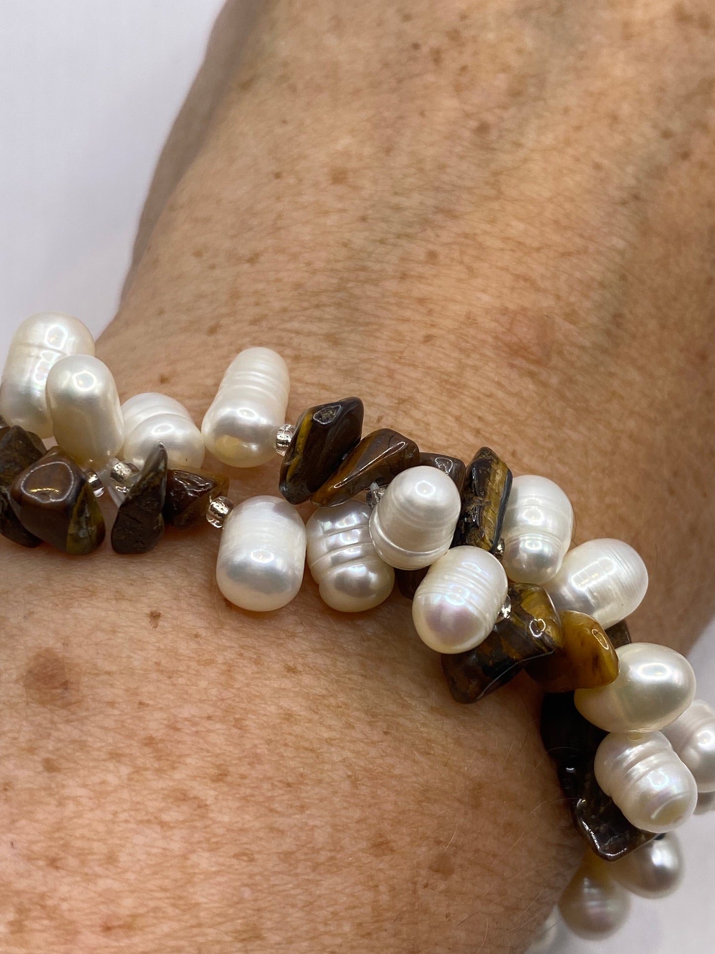 Vintage Pearl and Chip Tigers Eye Stretch Bracelet