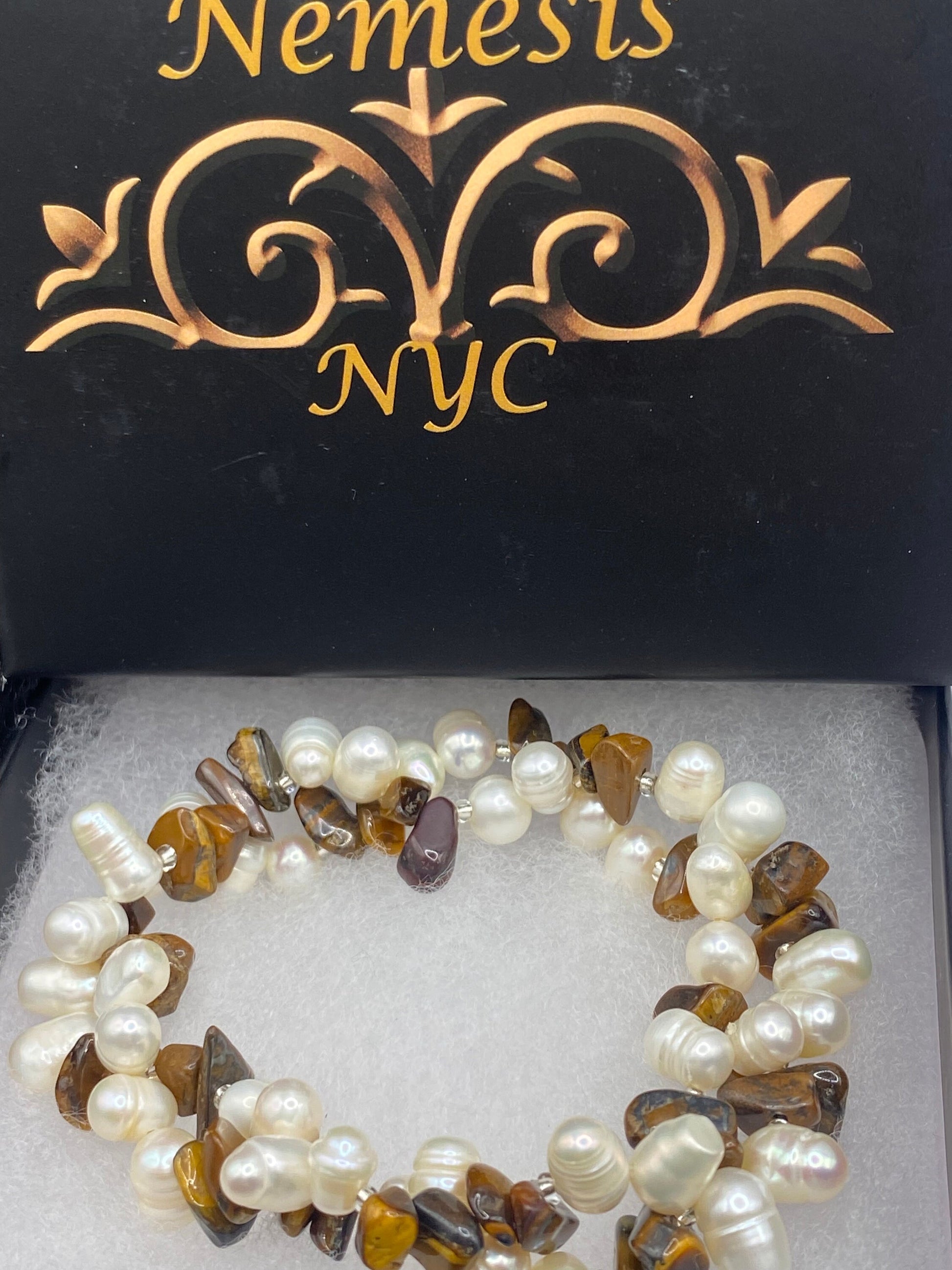 Vintage Pearl and Chip Tigers Eye Stretch Bracelet