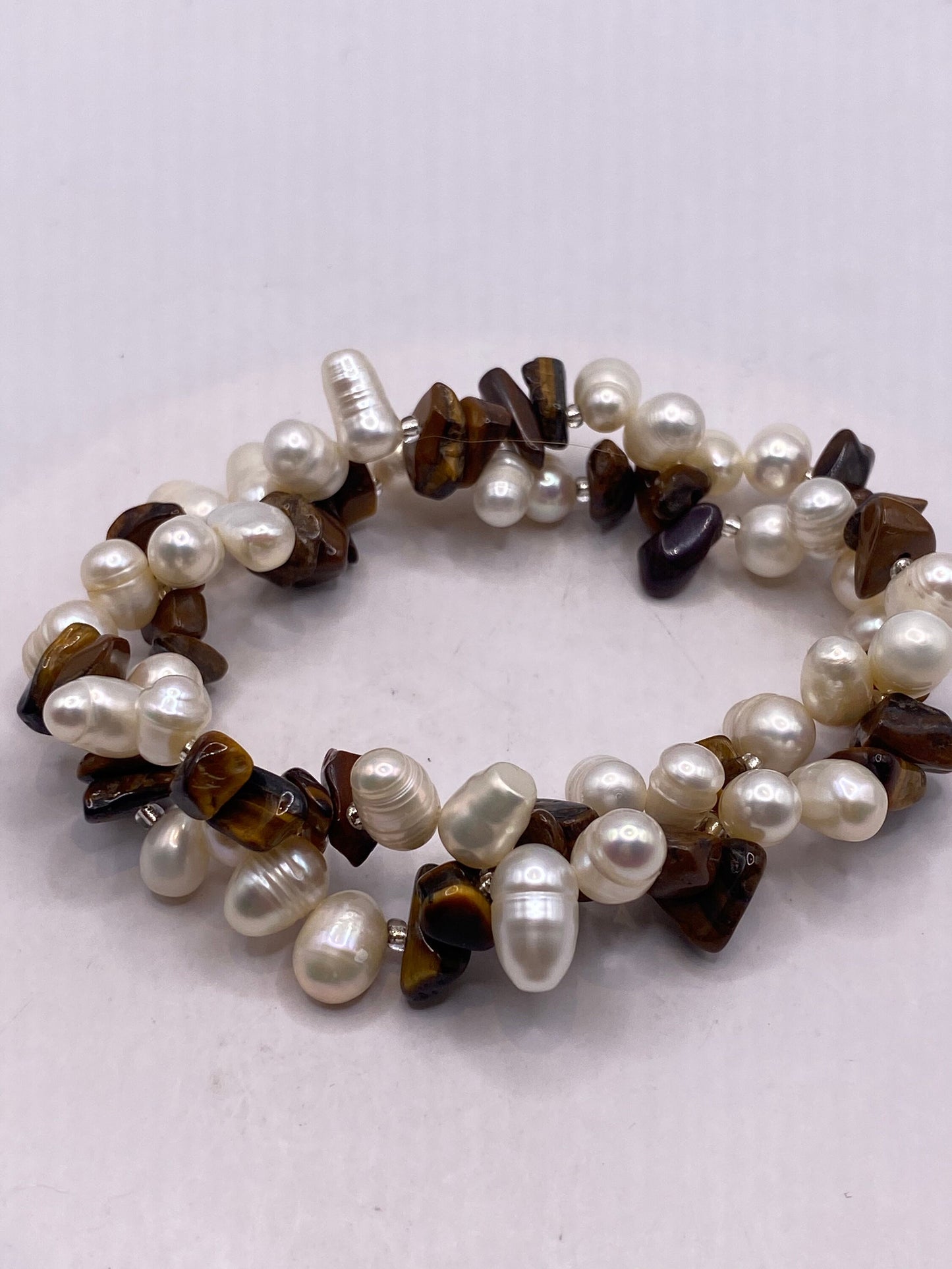 Vintage Pearl and Chip Tigers Eye Stretch Bracelet