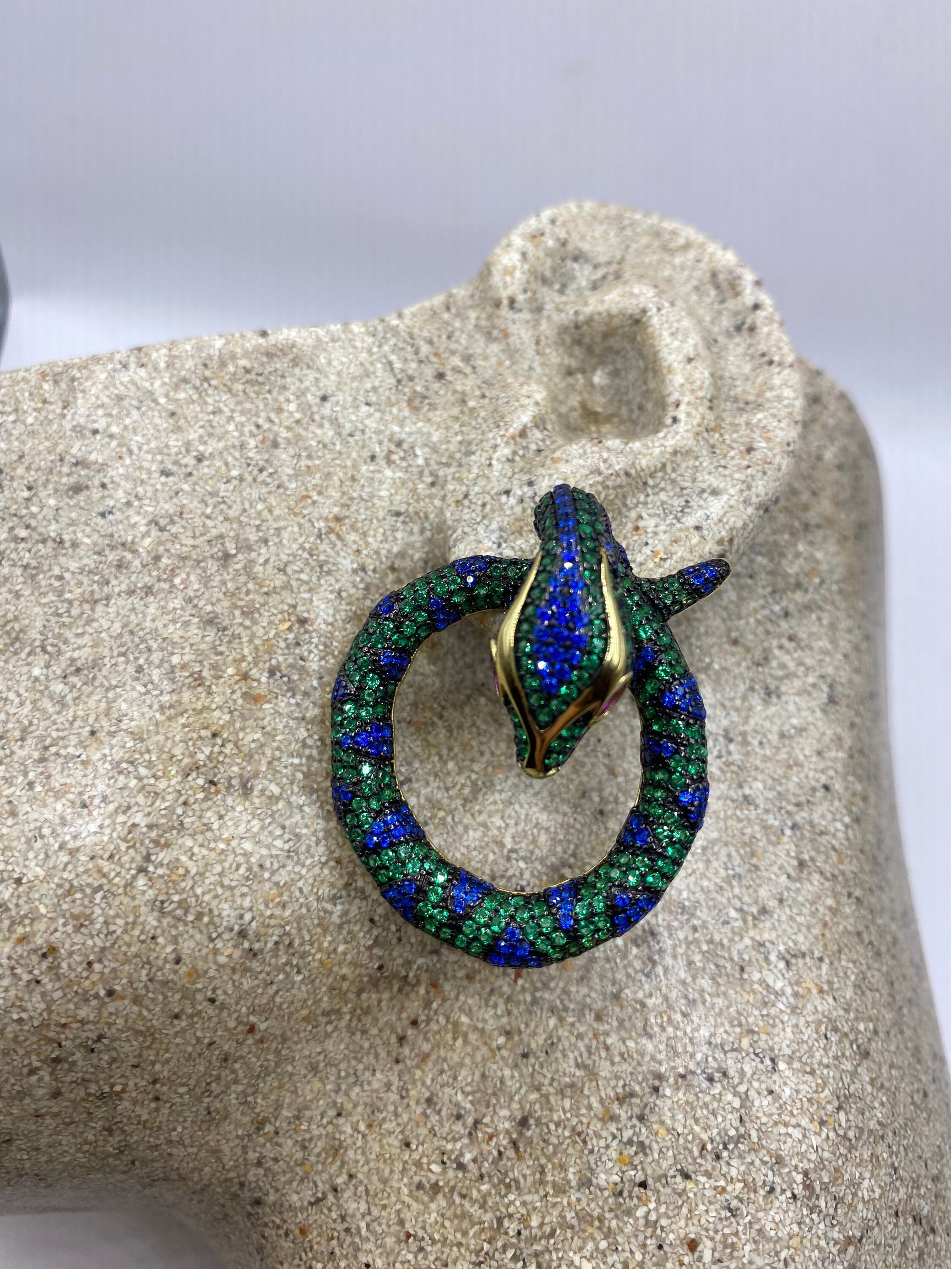 Vintage Green, blue and pink ruby crystal Snake Earrings golden 925 Sterling Silver